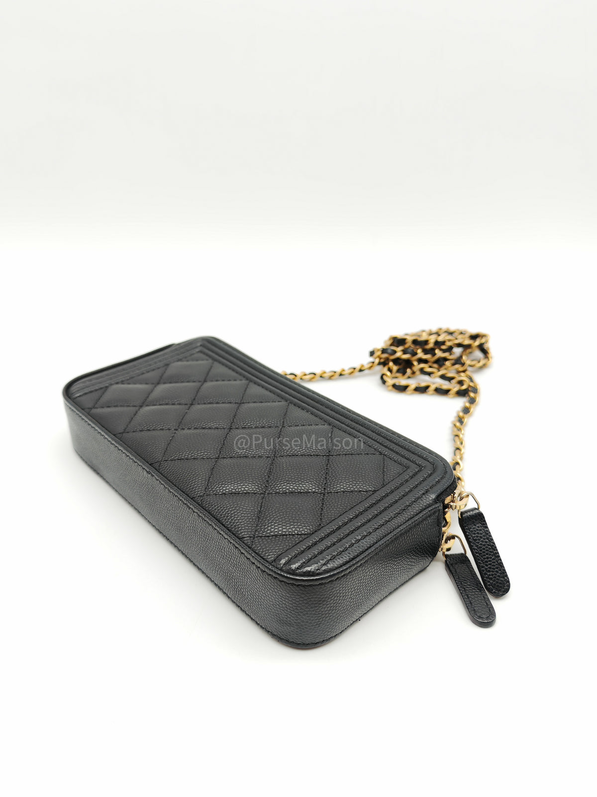 Chanel Boy Double Zip Clutch with Chain in Black Caviar Leather and Aged Gold Hardware Series 25 | Purse Maison Luxury Bags Shop