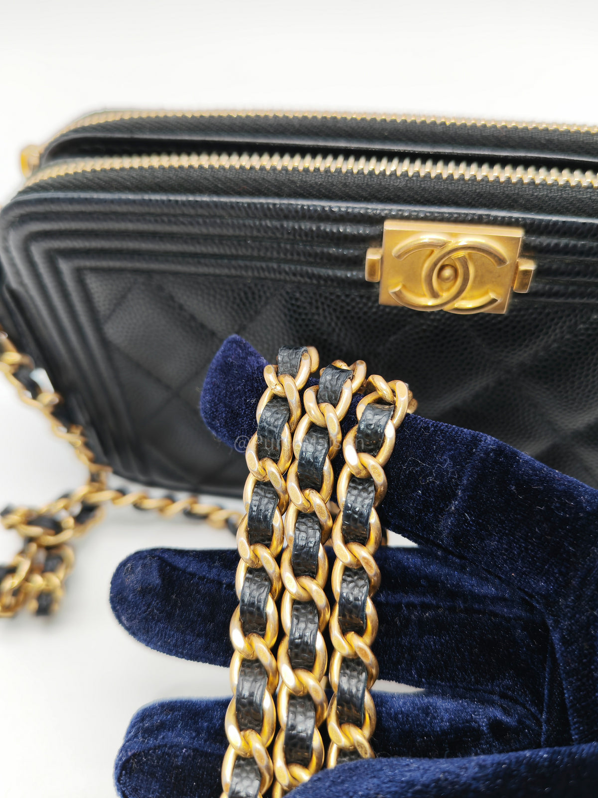 Chanel Boy Double Zip Clutch with Chain in Black Caviar Leather and Aged Gold Hardware Series 25 | Purse Maison Luxury Bags Shop