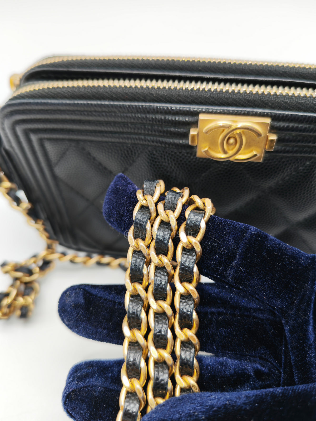 Chanel Boy Double Zip Clutch with Chain in Black Caviar Leather and Aged Gold Hardware Series 25 | Purse Maison Luxury Bags Shop