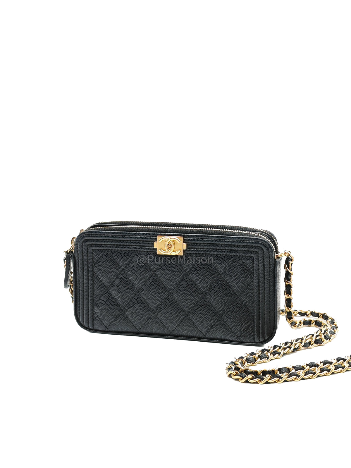 Chanel Boy Double Zip Clutch with Chain in Black Caviar Leather and Aged Gold Hardware Series 25 | Purse Maison Luxury Bags Shop