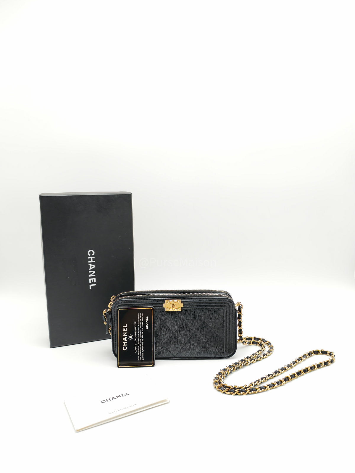 Chanel Boy Double Zip Clutch with Chain in Black Caviar Leather and Aged Gold Hardware Series 25 | Purse Maison Luxury Bags Shop