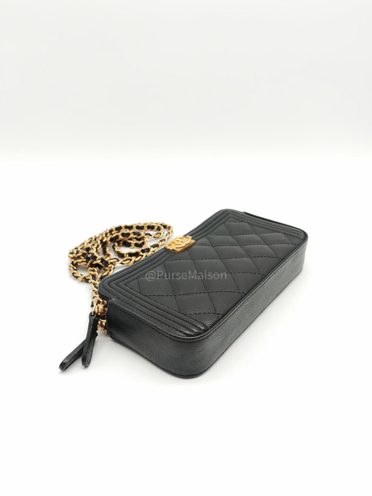 Chanel Boy Double Zip Clutch with Chain in Black Caviar Leather and Aged Gold Hardware Series 25 | Purse Maison Luxury Bags Shop