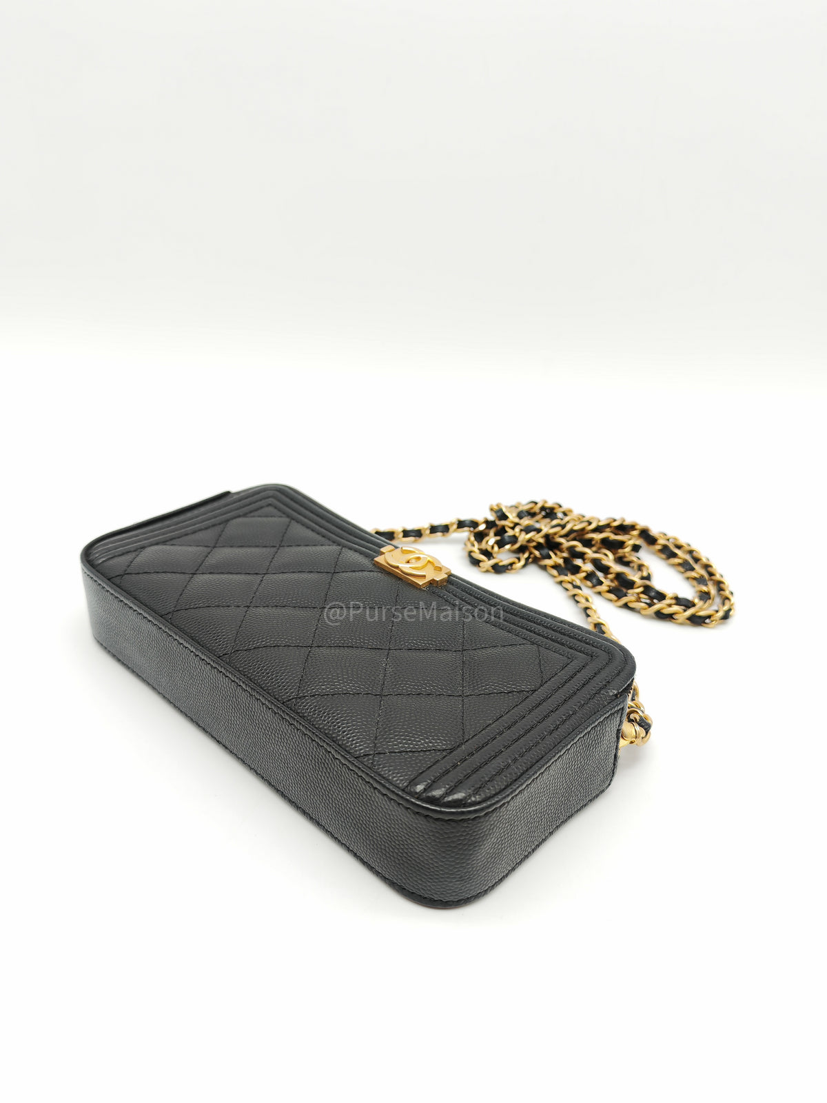 Chanel Boy Double Zip Clutch with Chain in Black Caviar Leather and Aged Gold Hardware Series 25 | Purse Maison Luxury Bags Shop