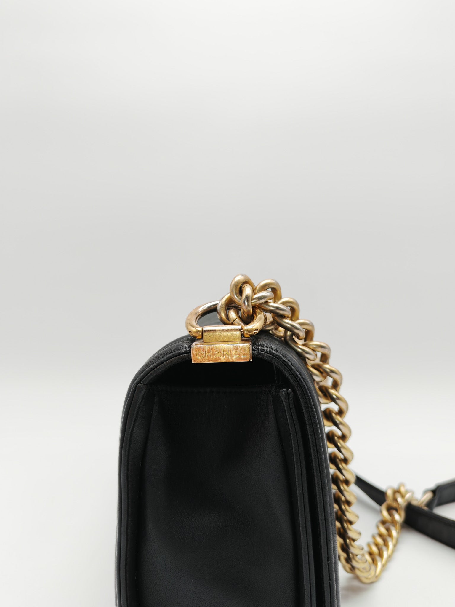 Chanel Boy Medium in Black Quilted Lambskin Leather and Aged Gold Hardware Series 23 | Purse Maison Luxury Bags Shop