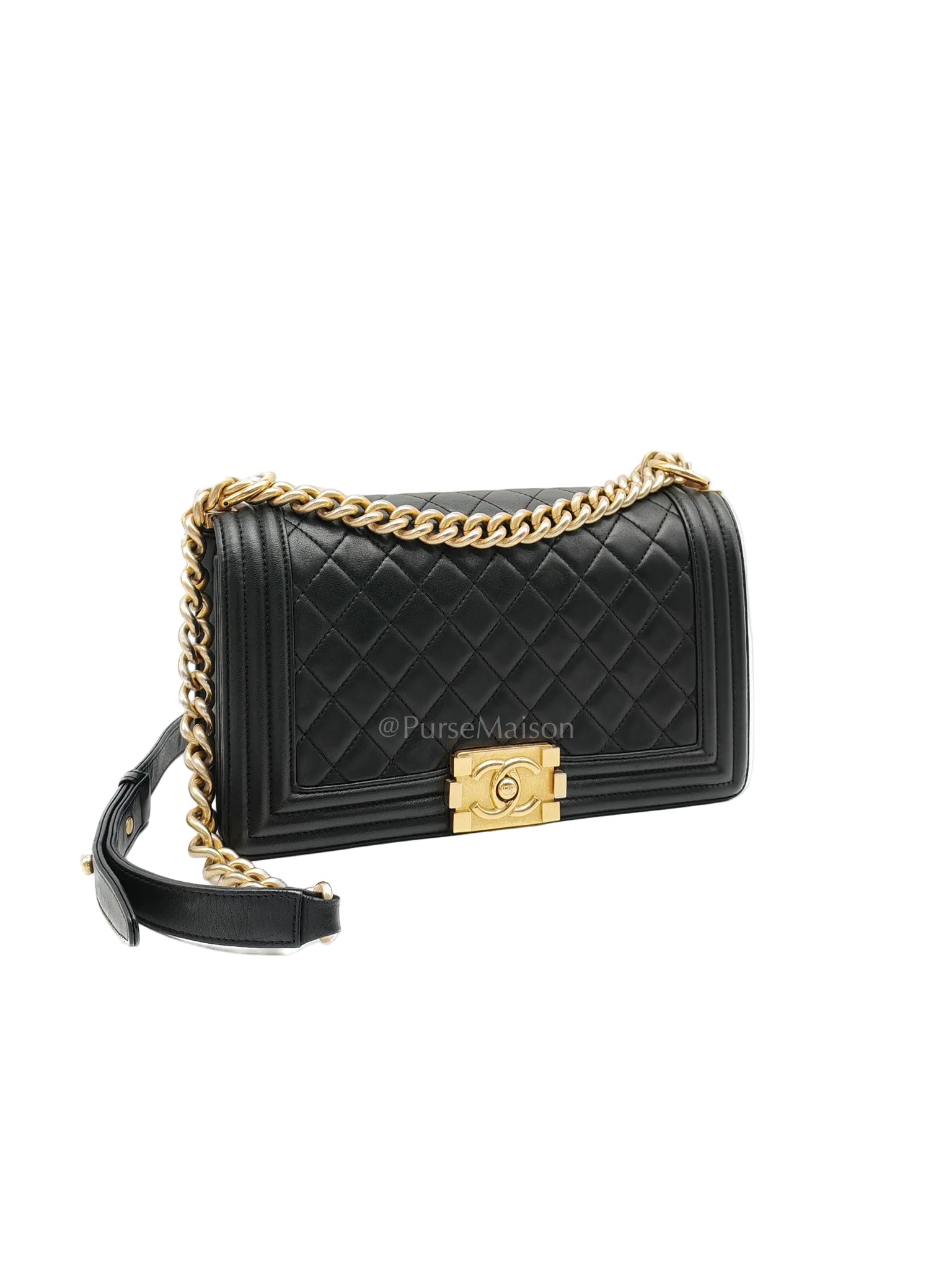 Chanel Boy Medium in Black Quilted Lambskin Leather and Aged Gold Hardware Series 23 | Purse Maison Luxury Bags Shop
