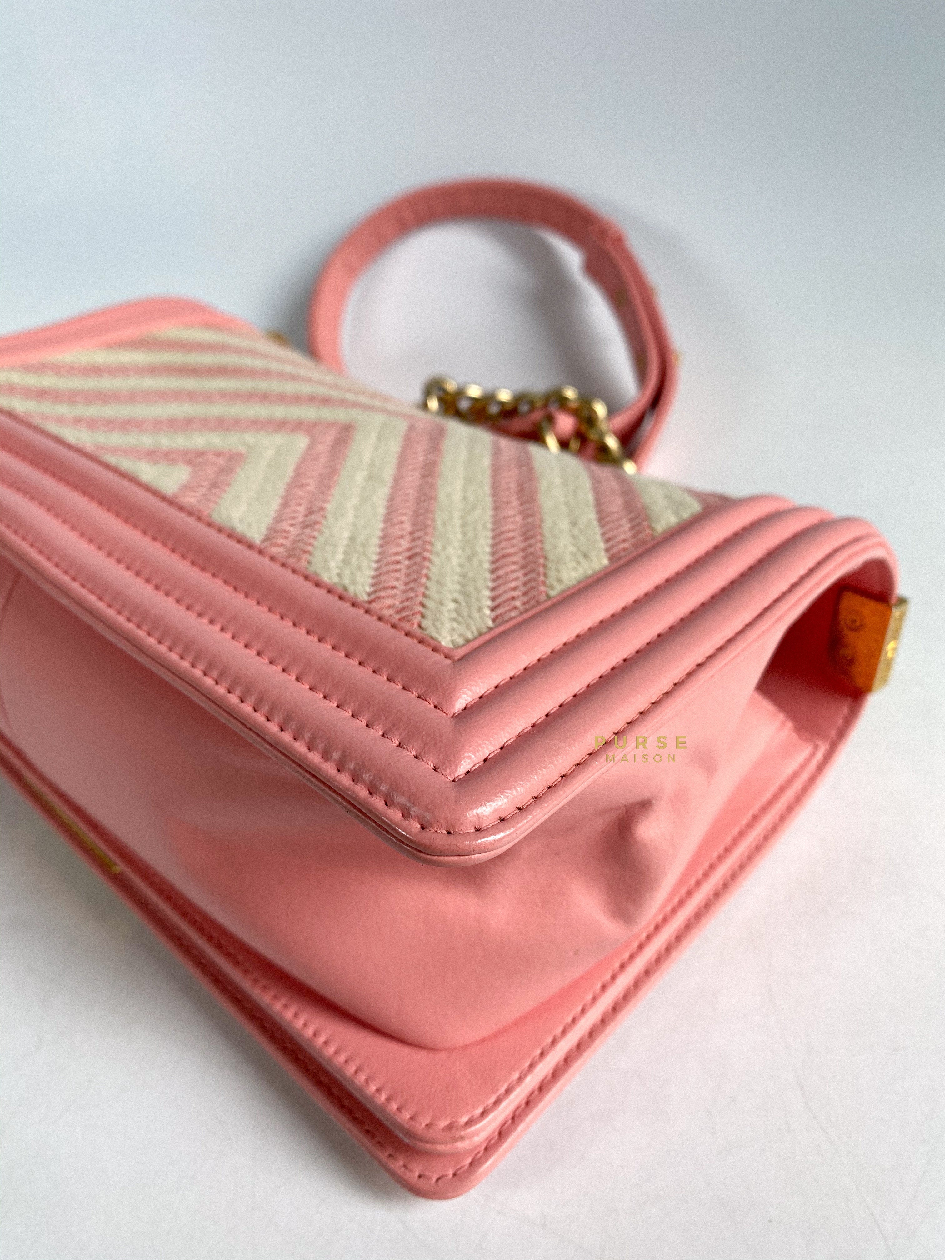Chanel Boy Medium Pink Braided Chevron in Aged Gold Hardware Series 23