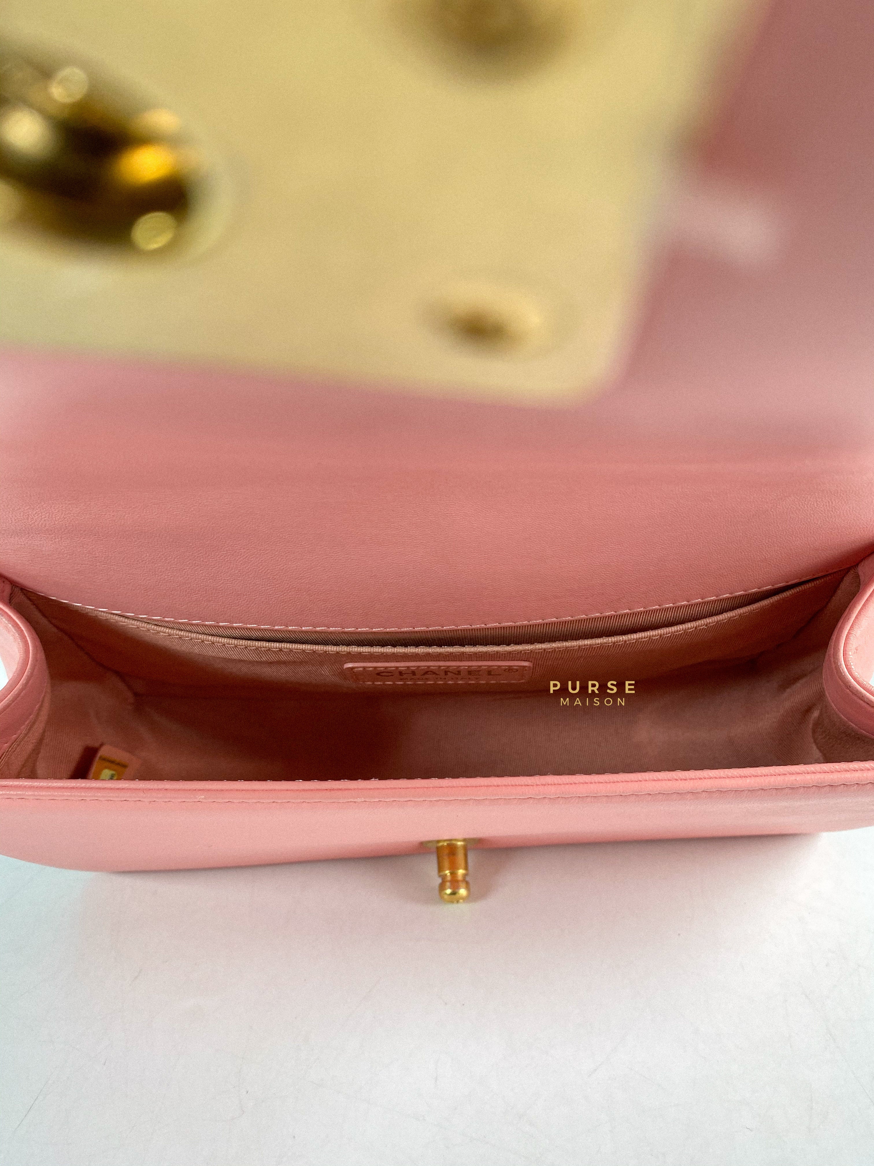Chanel Boy Medium Pink Braided Chevron in Aged Gold Hardware Series 23
