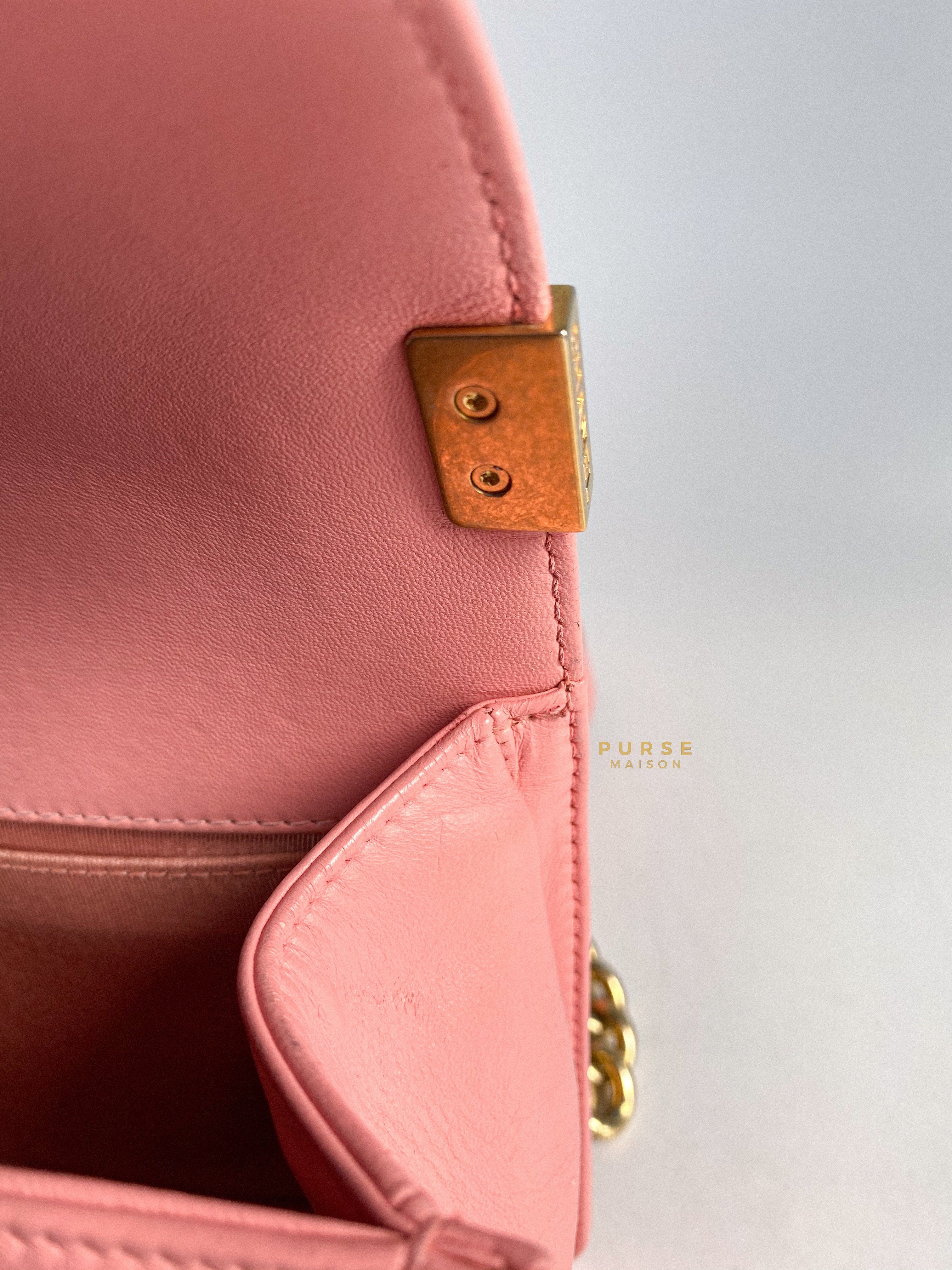 Chanel Boy Medium Pink Braided Chevron in Aged Gold Hardware Series 23
