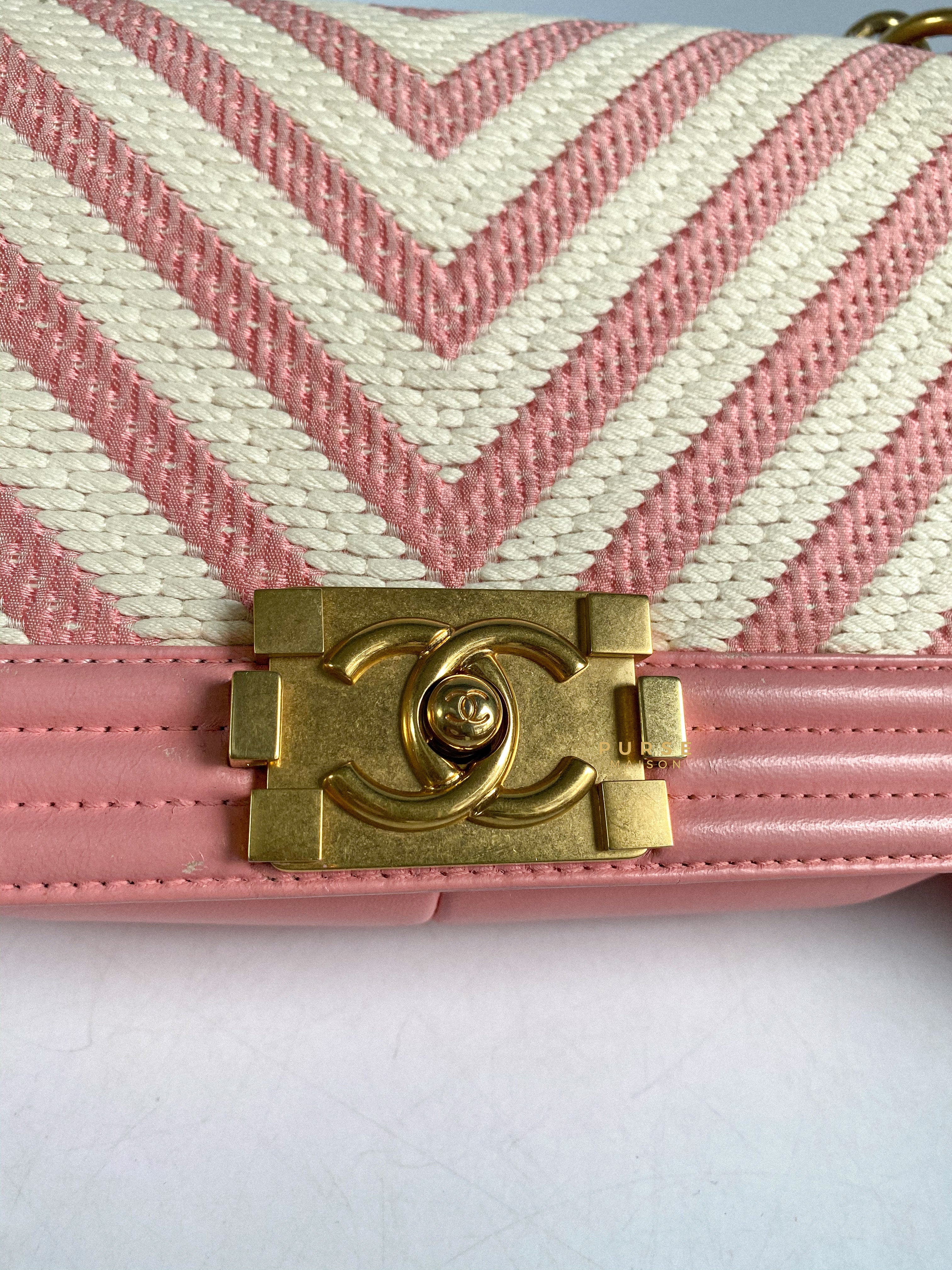 Chanel Boy Medium Pink Braided Chevron in Aged Gold Hardware Series 23
