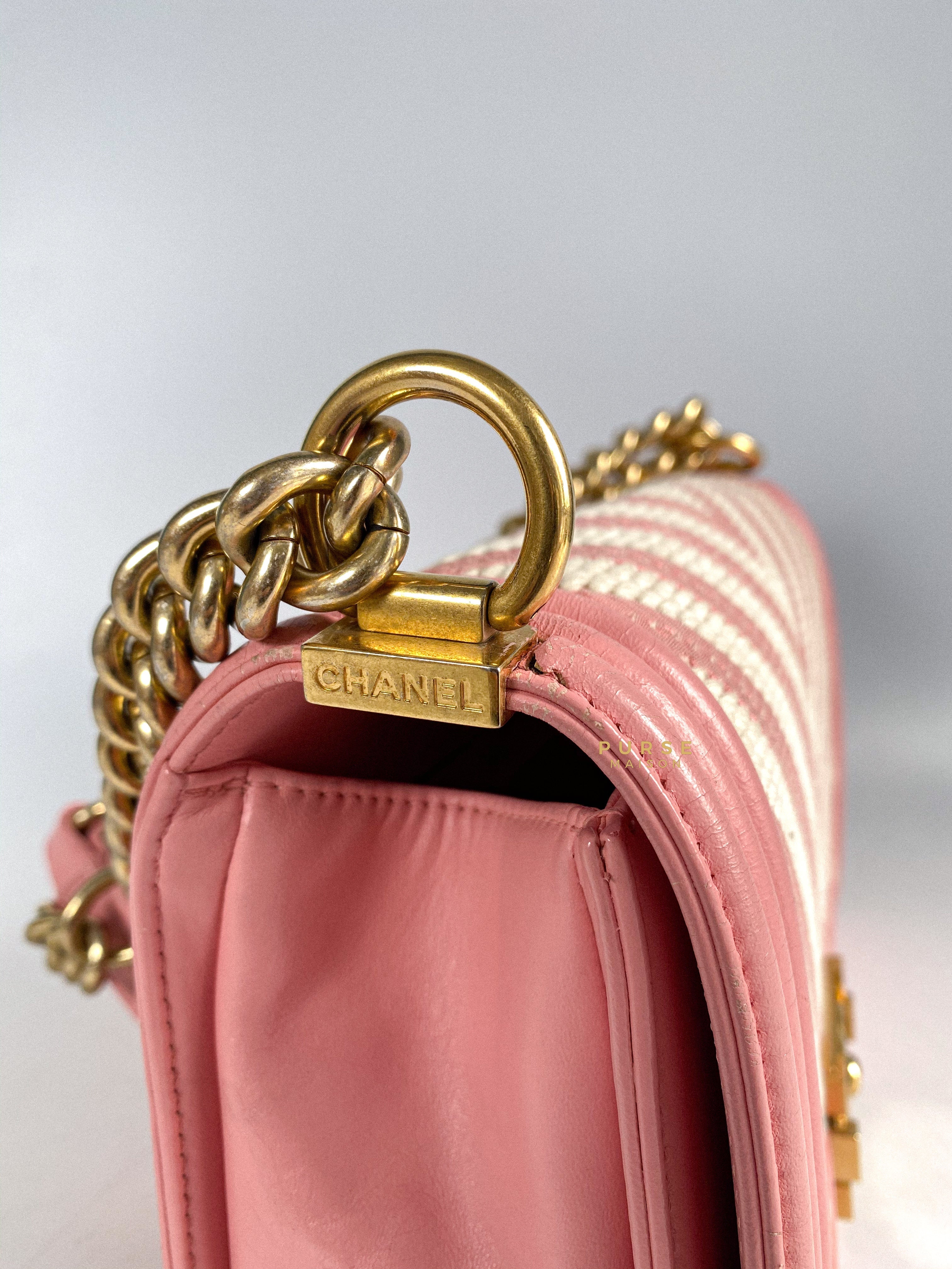 Chanel Boy Medium Pink Braided Chevron in Aged Gold Hardware Series 23