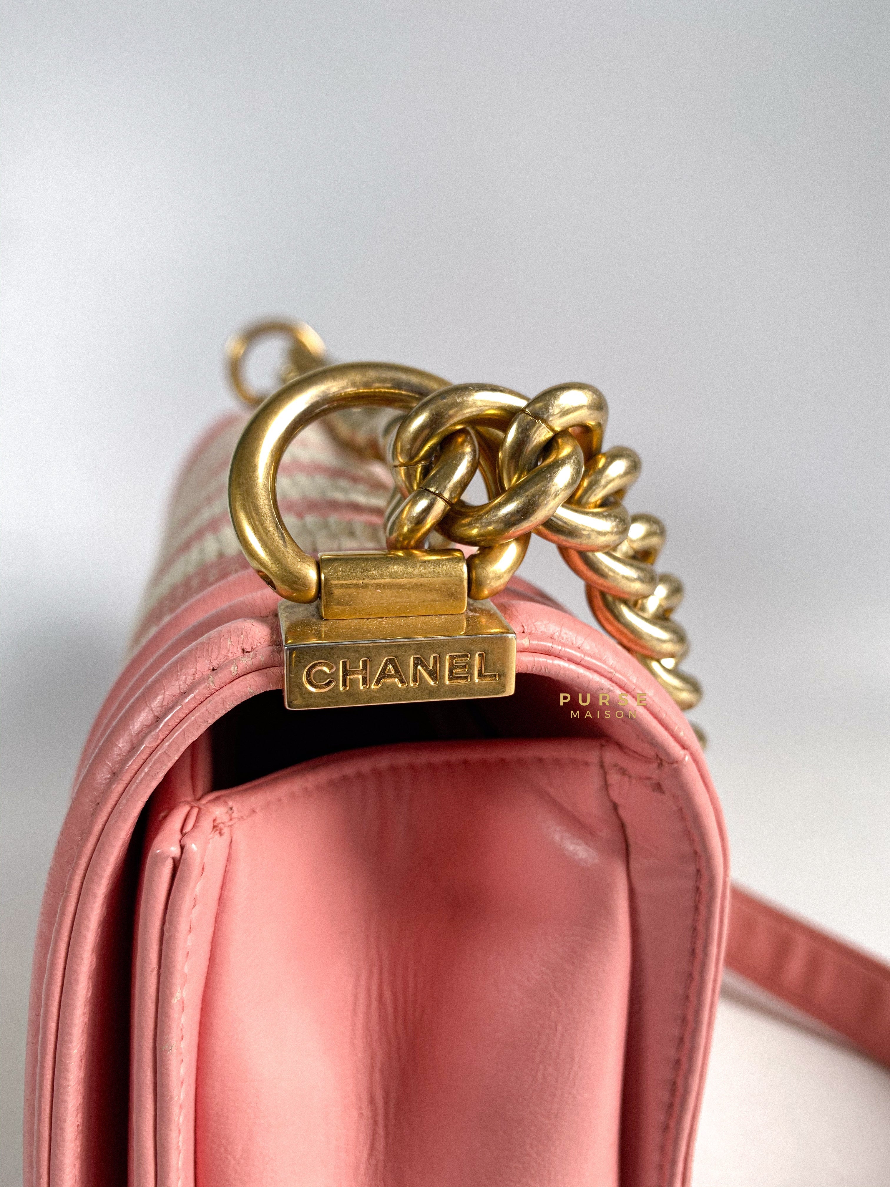 Chanel Boy Medium Pink Braided Chevron in Aged Gold Hardware Series 23