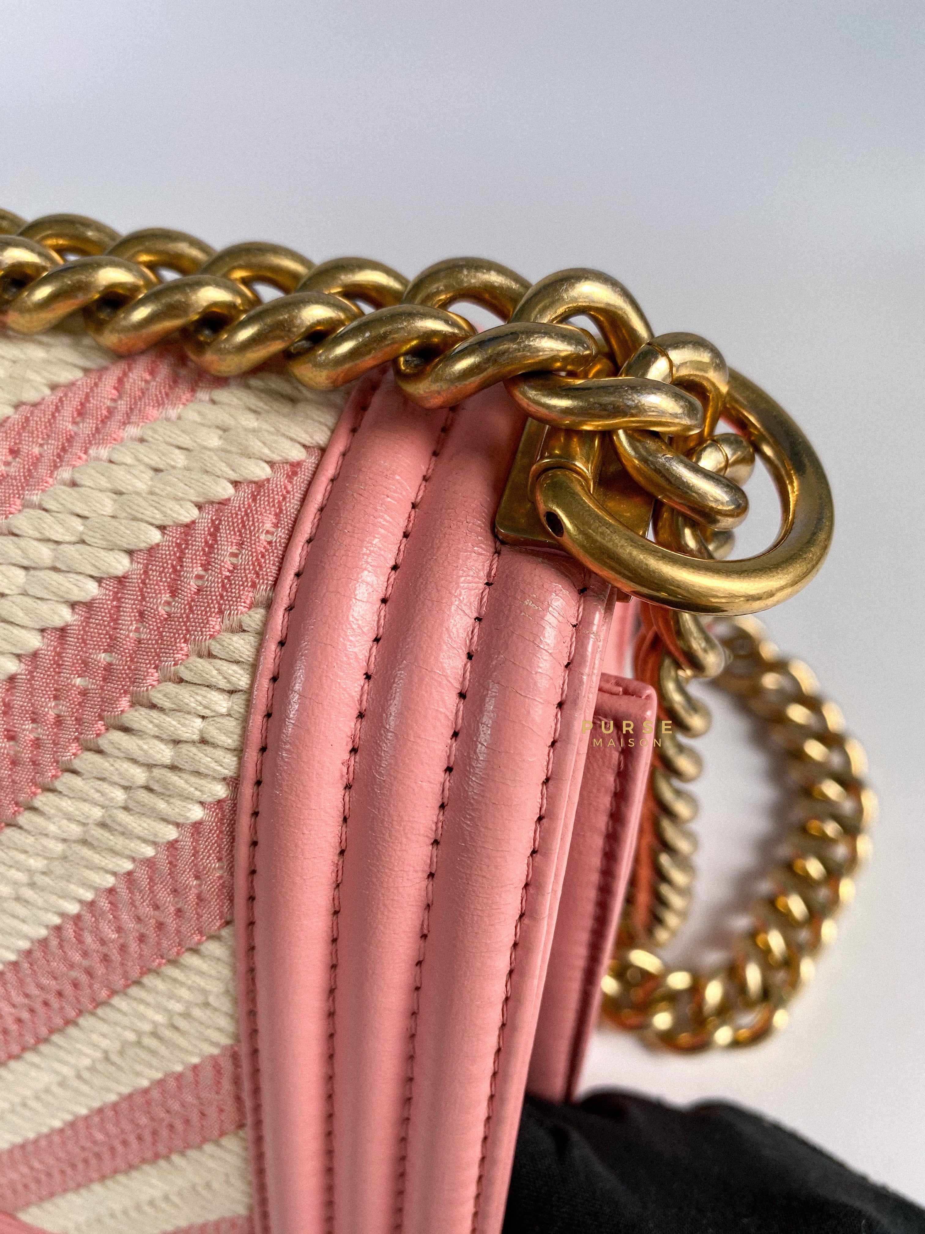 Chanel Boy Medium Pink Braided Chevron in Aged Gold Hardware Series 23