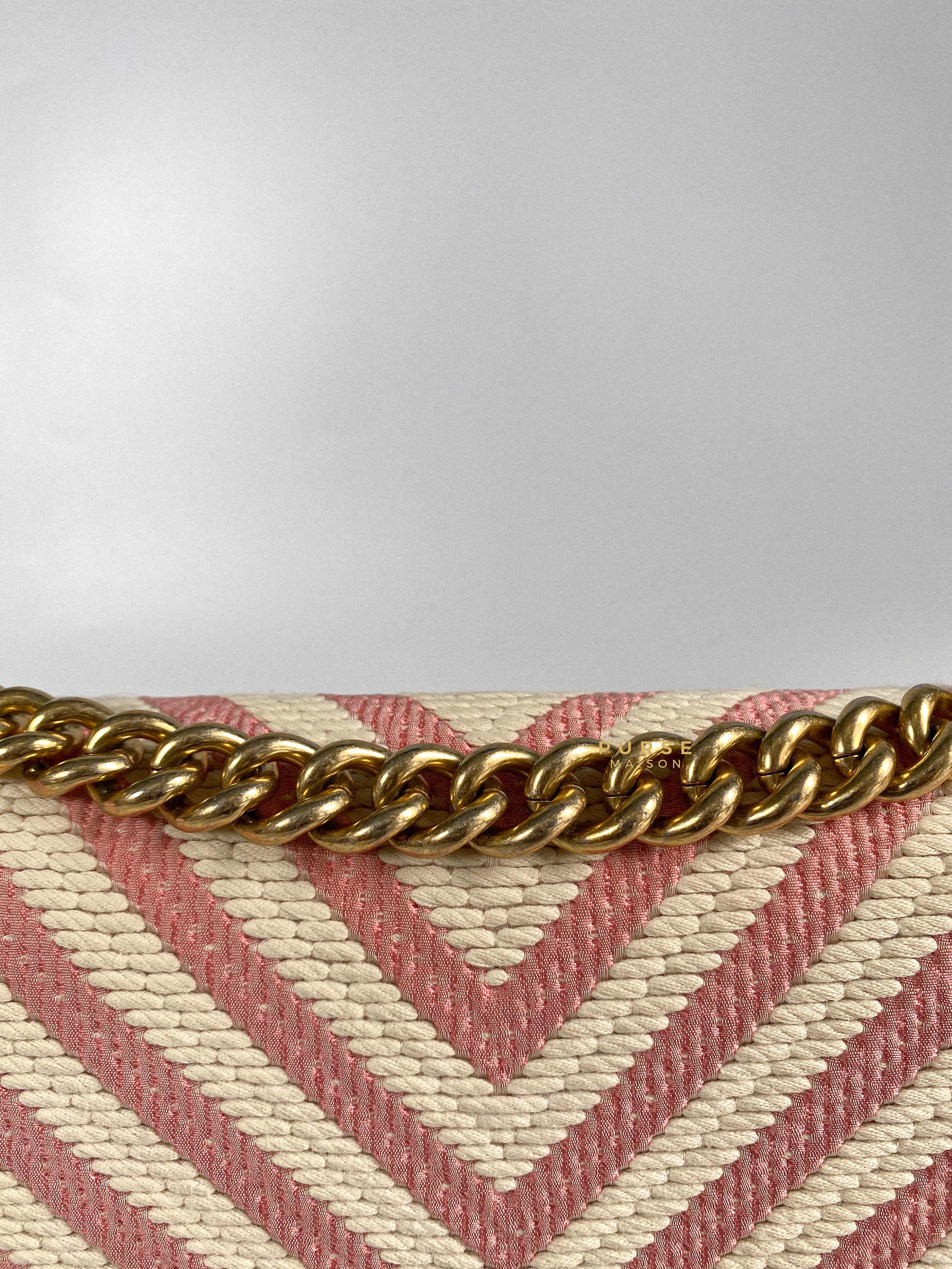 Chanel Boy Medium Pink Braided Chevron in Aged Gold Hardware Series 23