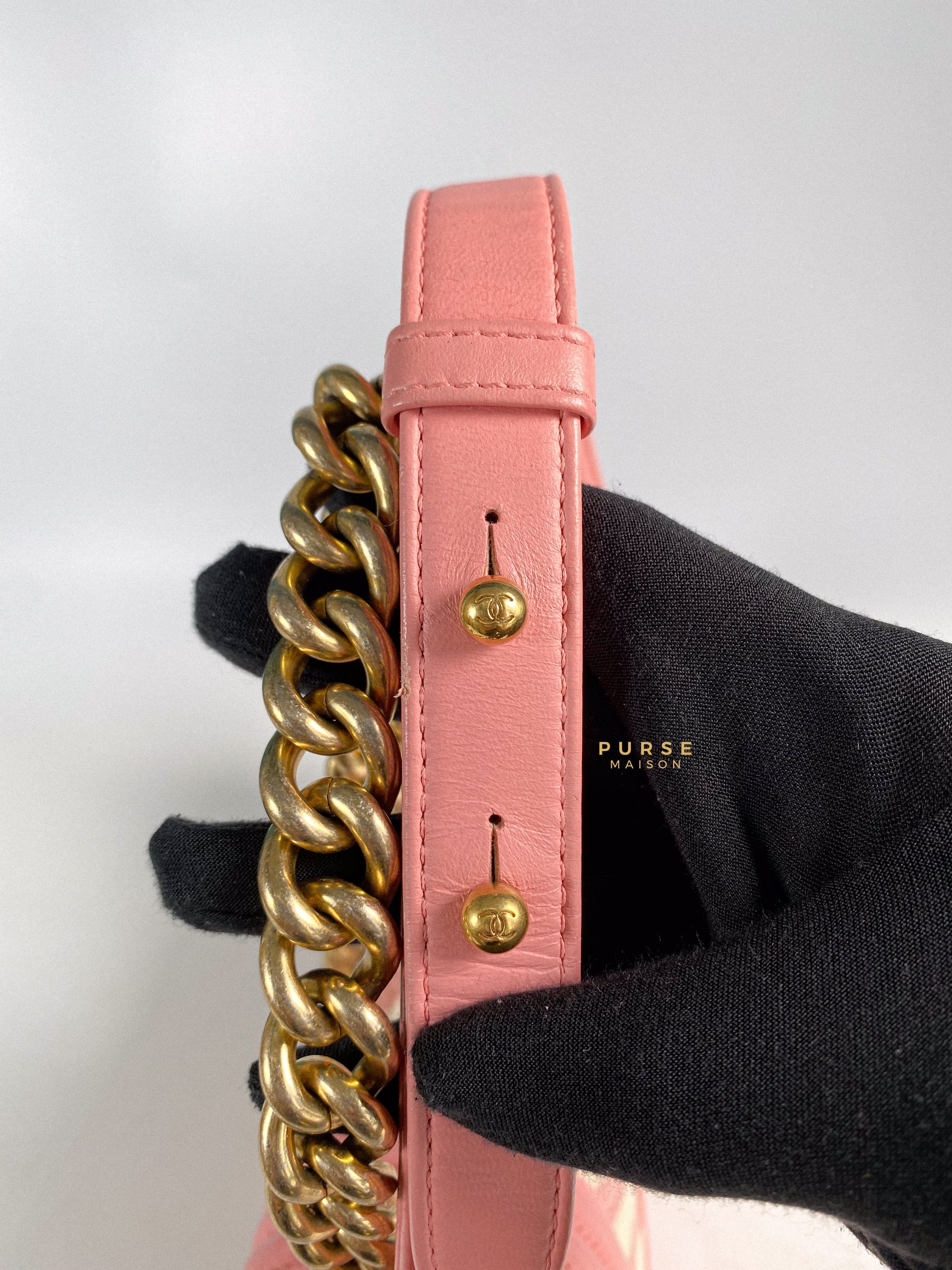 Chanel Boy Medium Pink Braided Chevron in Aged Gold Hardware Series 23