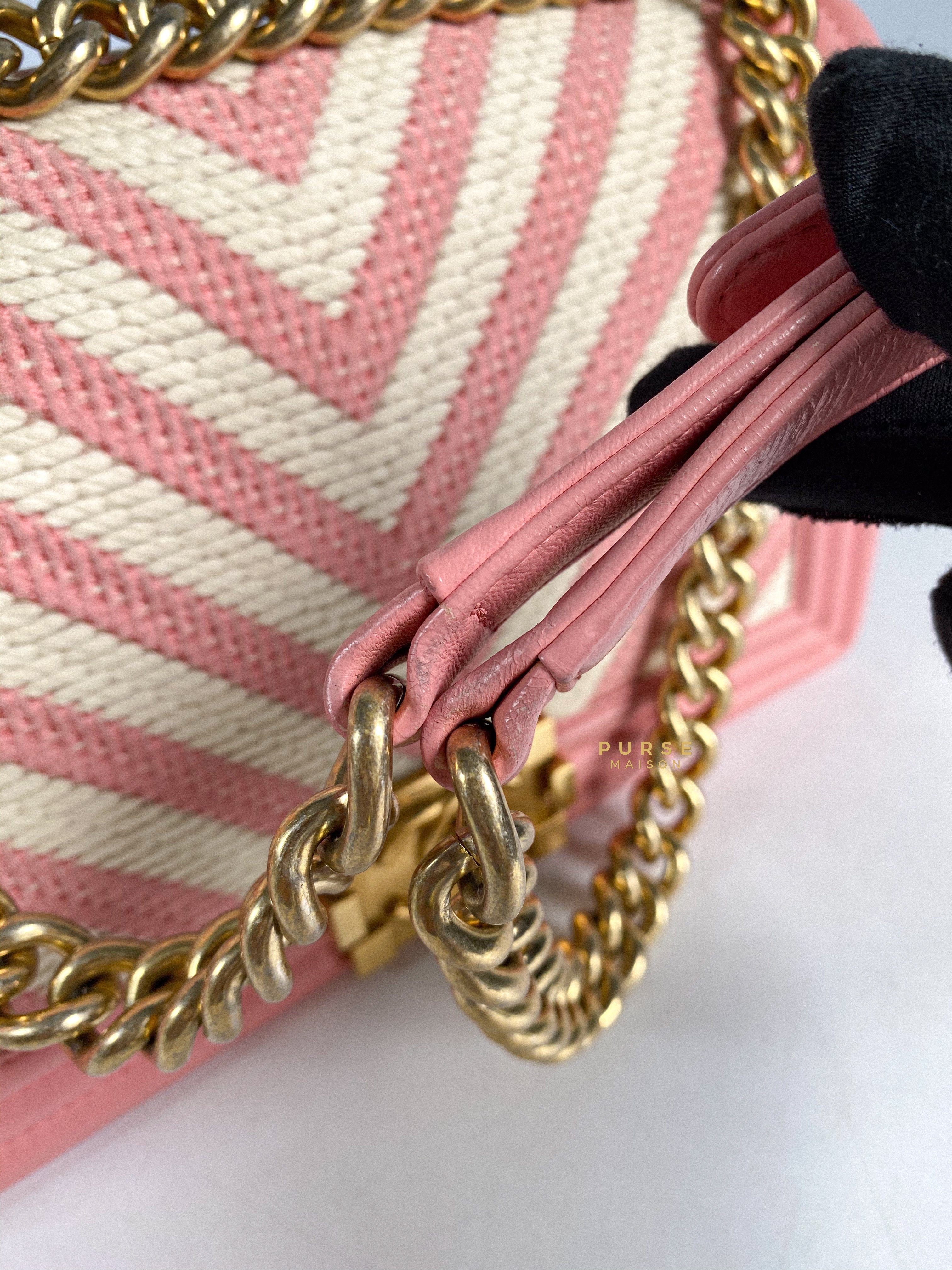Chanel Boy Medium Pink Braided Chevron in Aged Gold Hardware Series 23