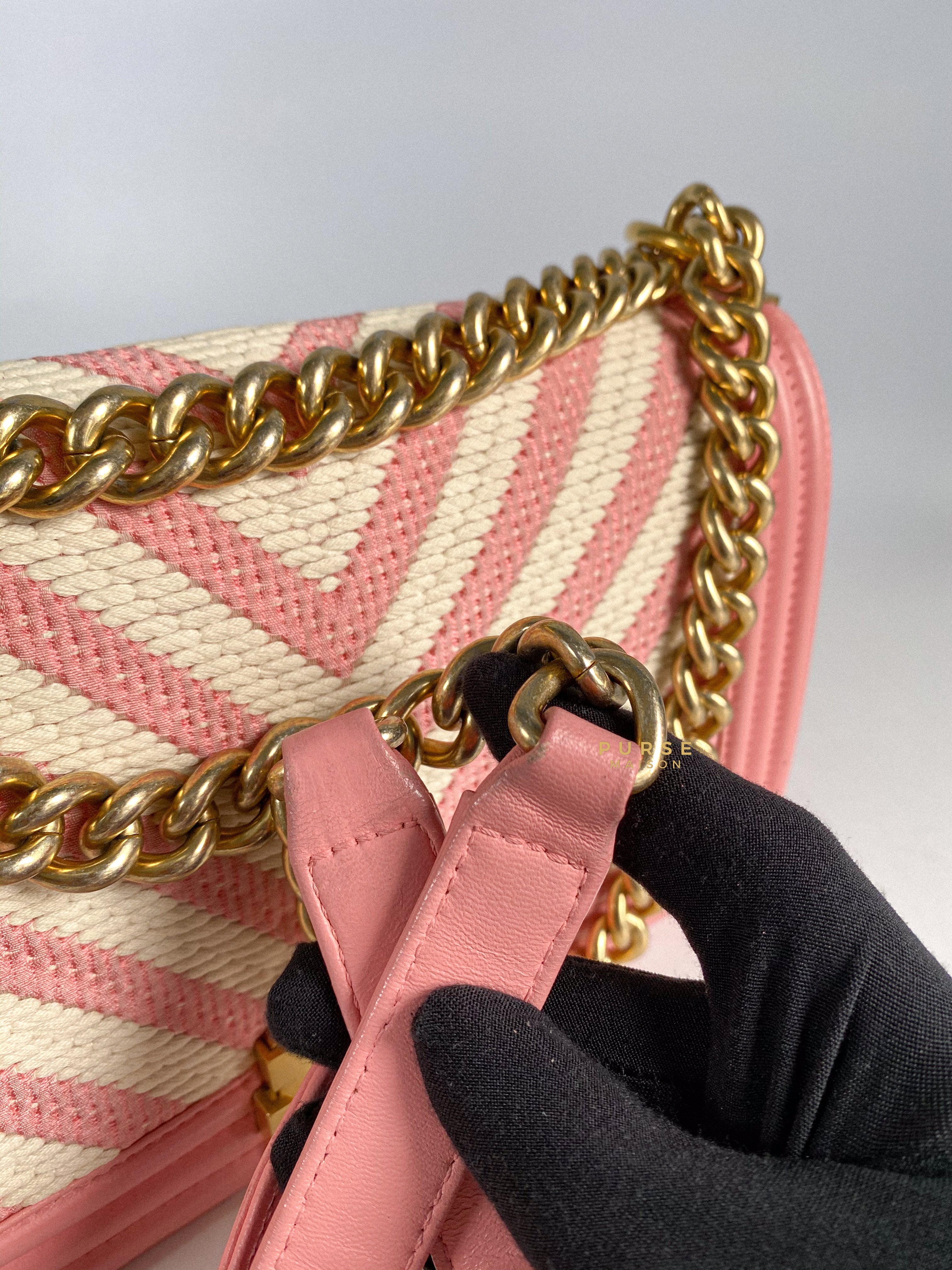 Chanel Boy Medium Pink Braided Chevron in Aged Gold Hardware Series 23