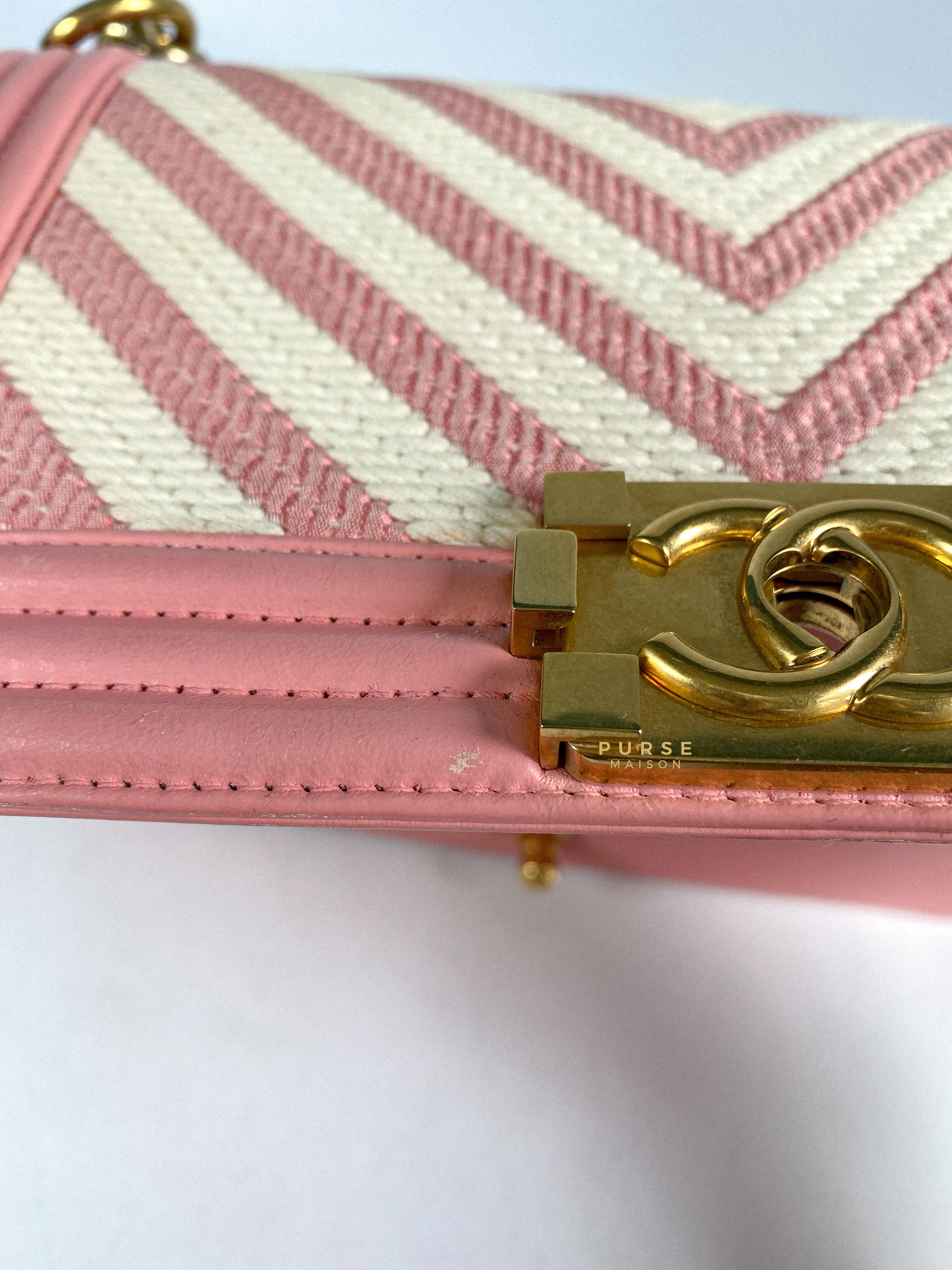 Chanel Boy Medium Pink Braided Chevron in Aged Gold Hardware Series 23