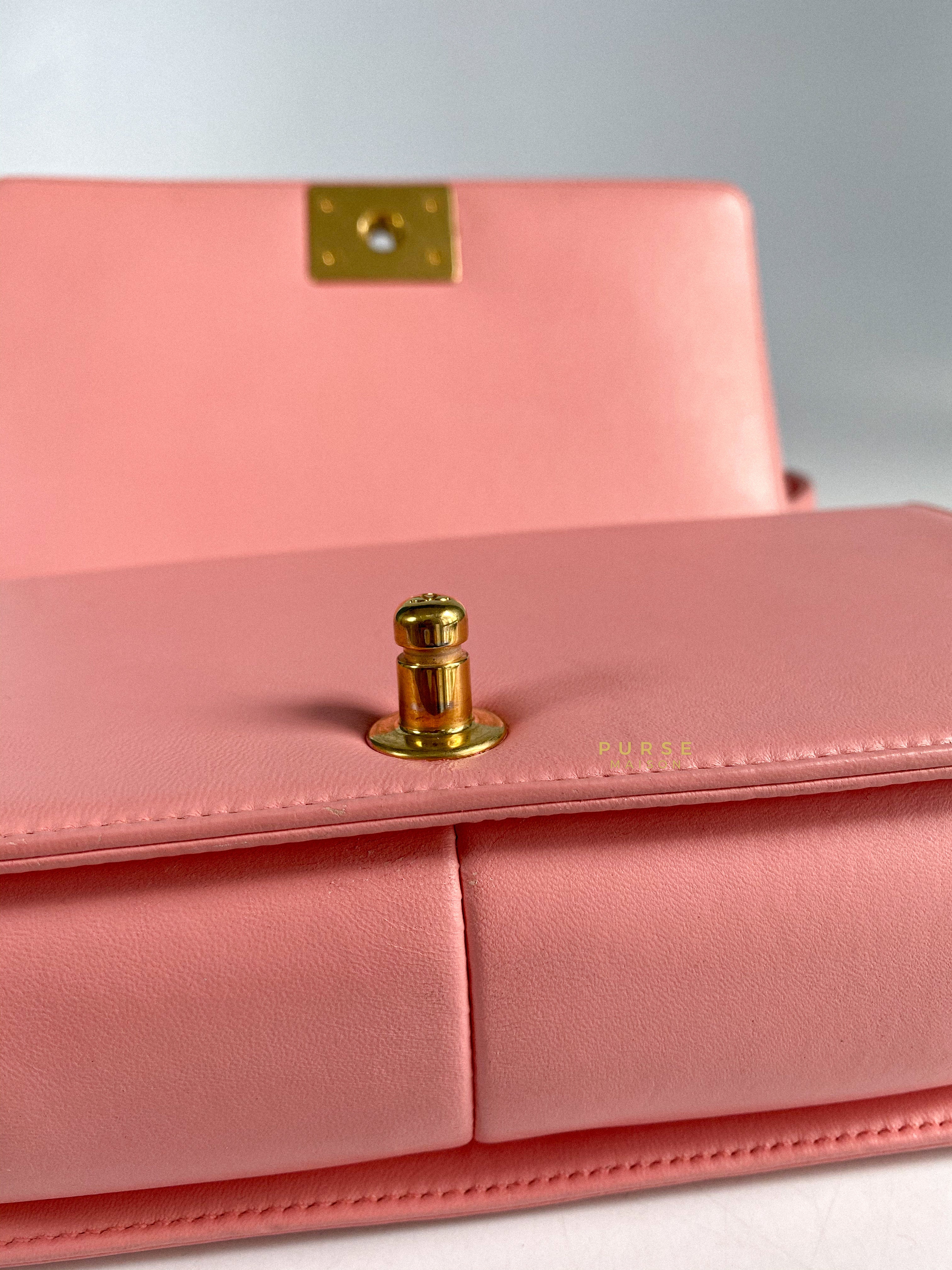 Chanel Boy Medium Pink Braided Chevron in Aged Gold Hardware Series 23