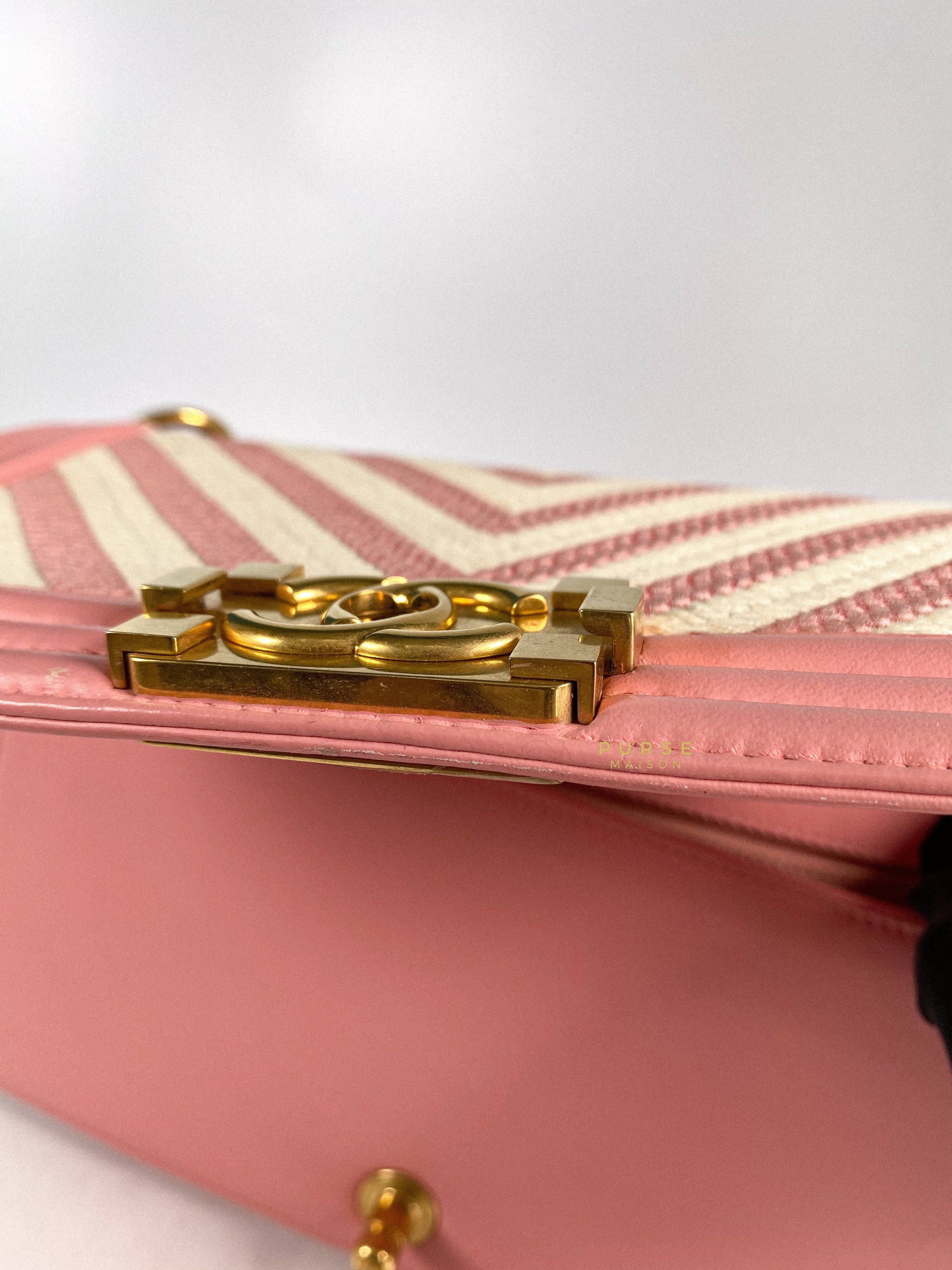 Chanel Boy Medium Pink Braided Chevron in Aged Gold Hardware Series 23