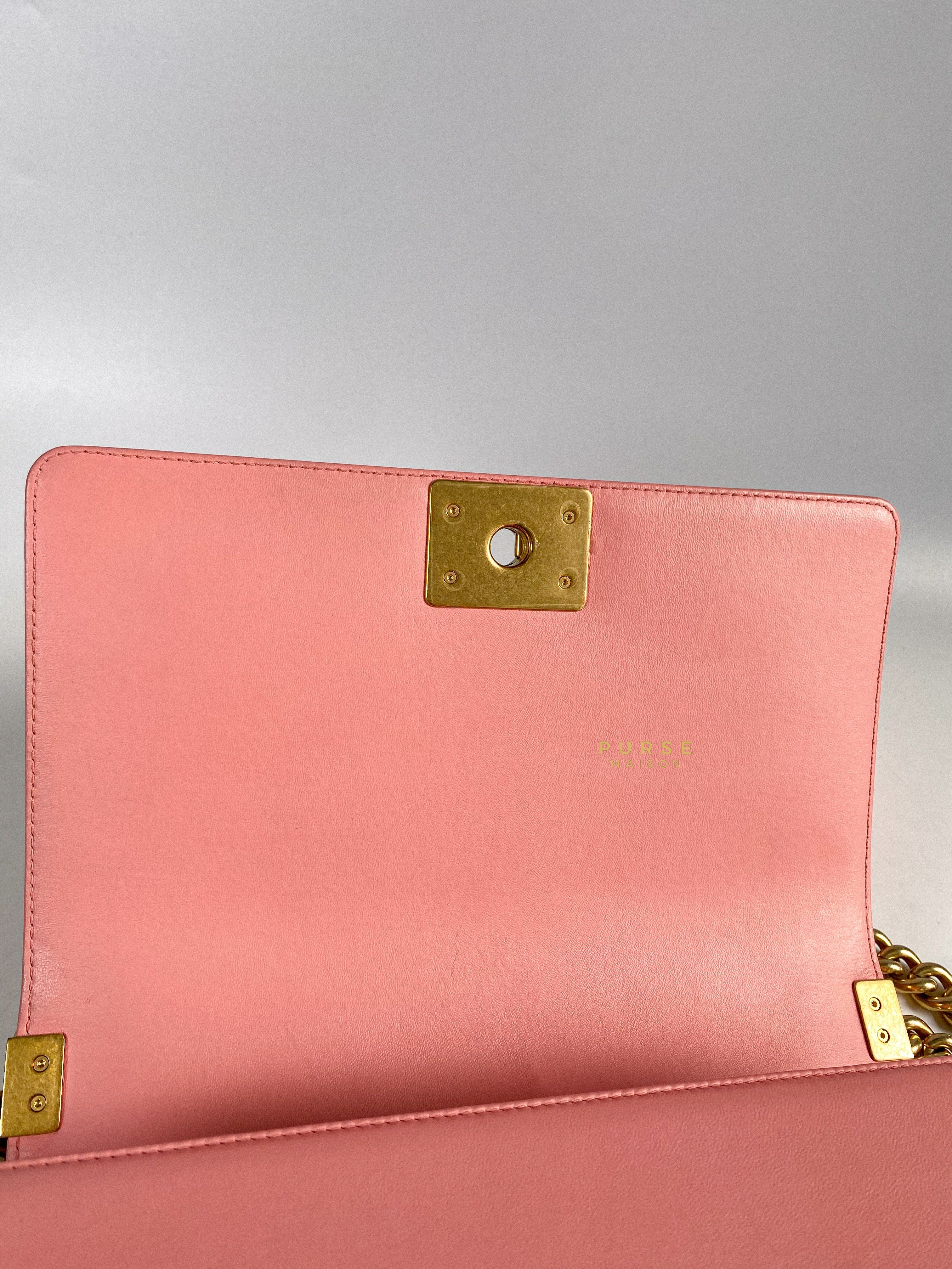 Chanel Boy Medium Pink Braided Chevron in Aged Gold Hardware Series 23