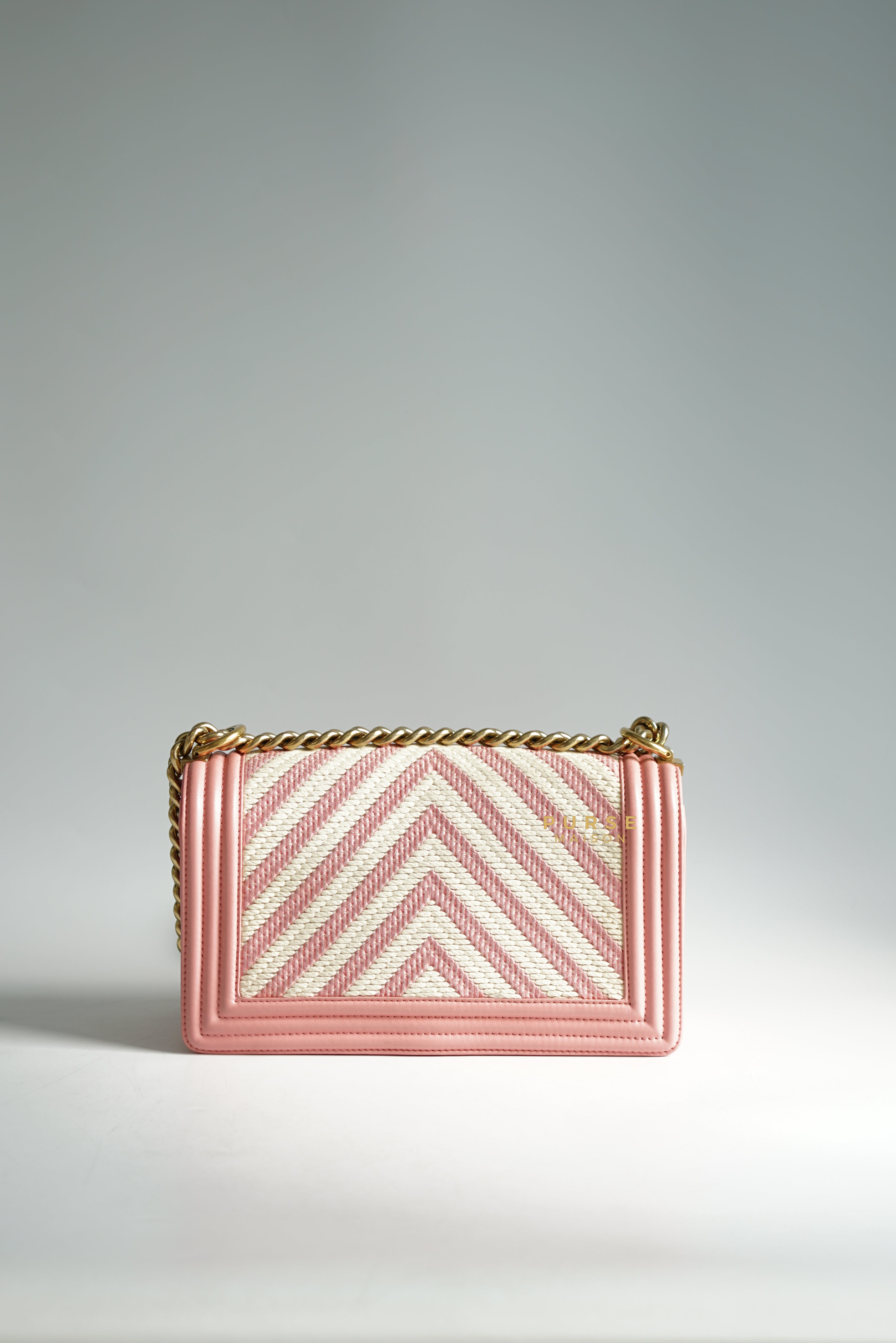 Chanel Boy Medium Pink Braided Chevron in Aged Gold Hardware Series 23
