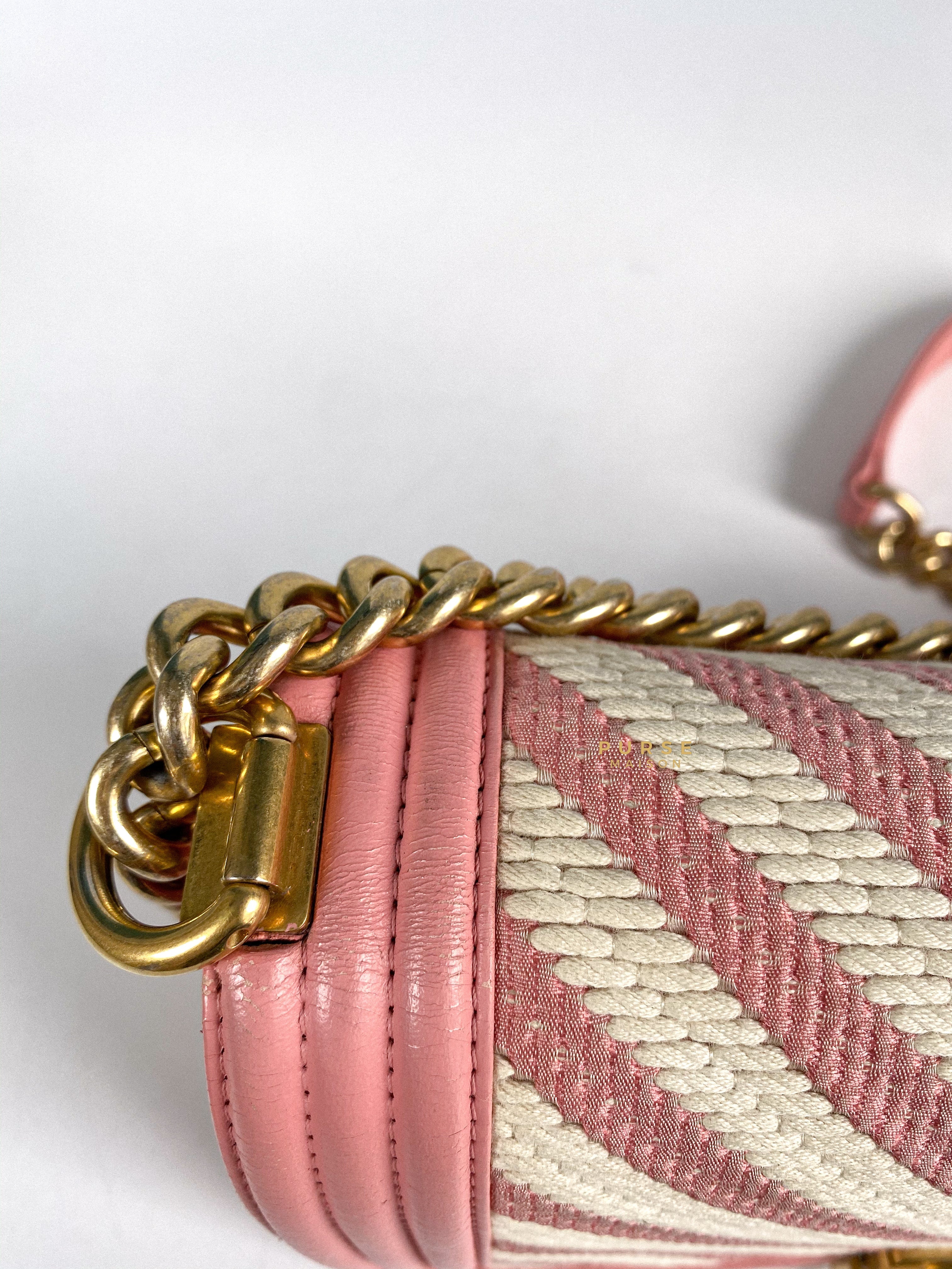 Chanel Boy Medium Pink Braided Chevron in Aged Gold Hardware Series 23