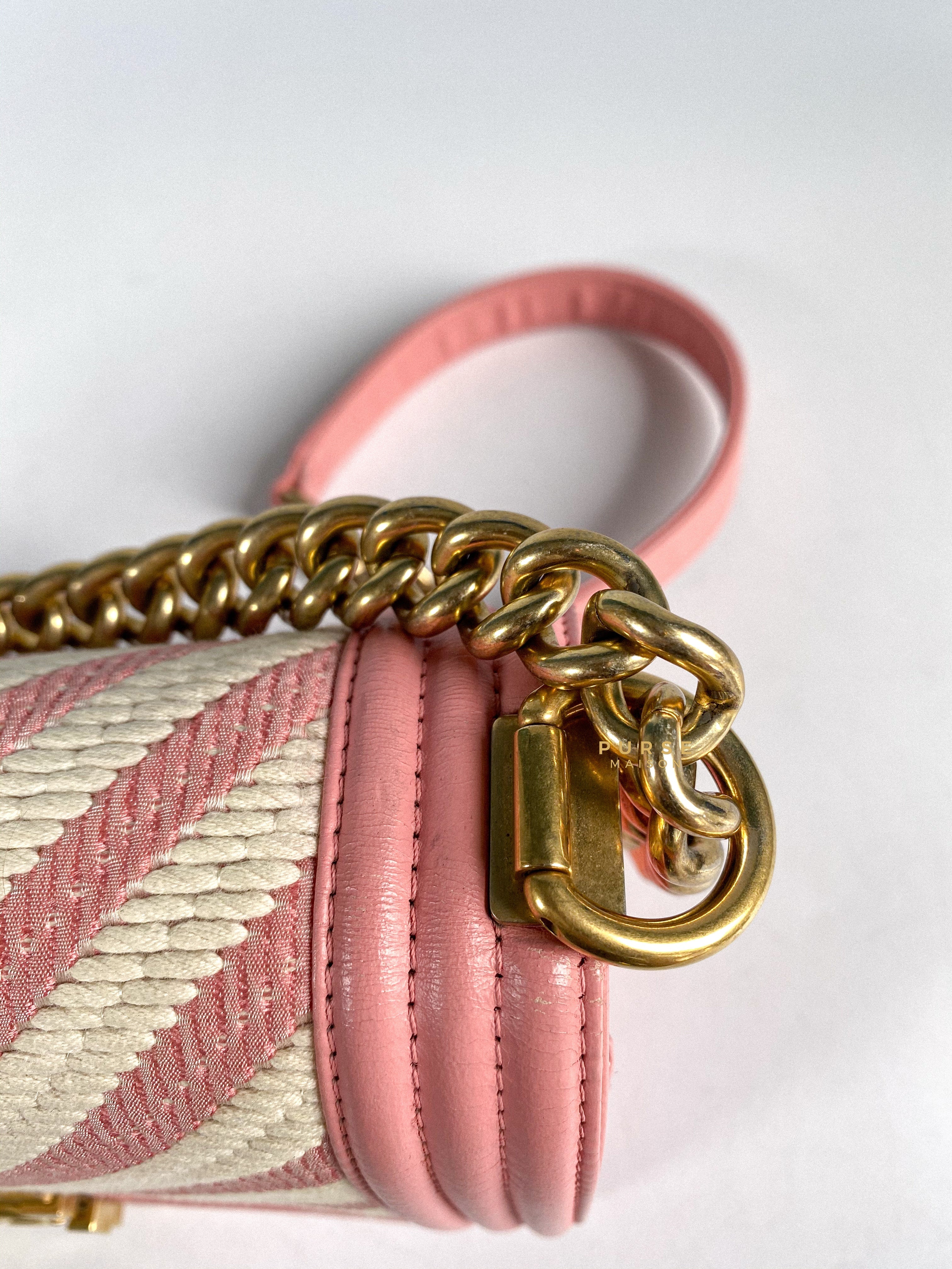 Chanel Boy Medium Pink Braided Chevron in Aged Gold Hardware Series 23