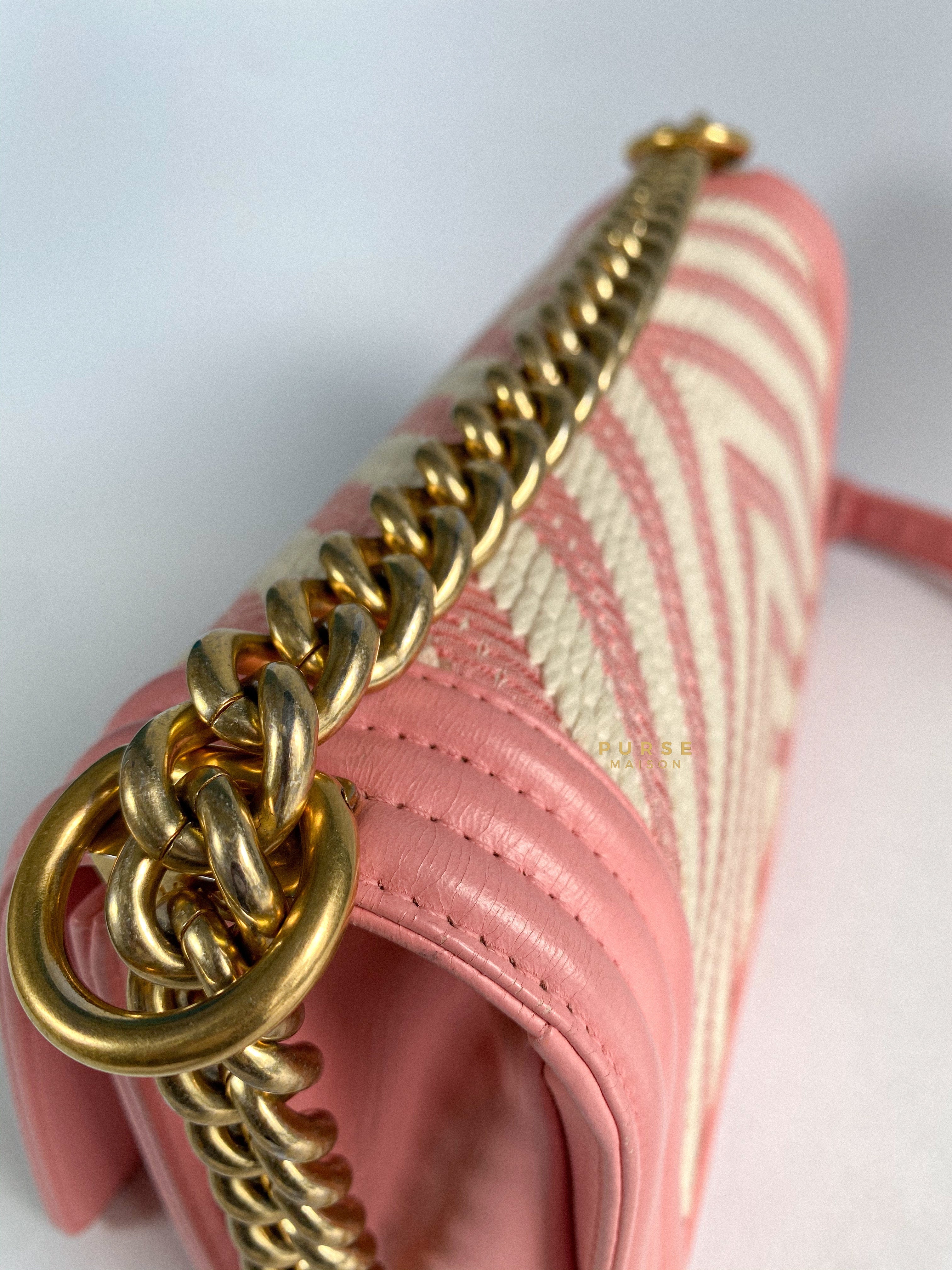 Chanel Boy Medium Pink Braided Chevron in Aged Gold Hardware Series 23