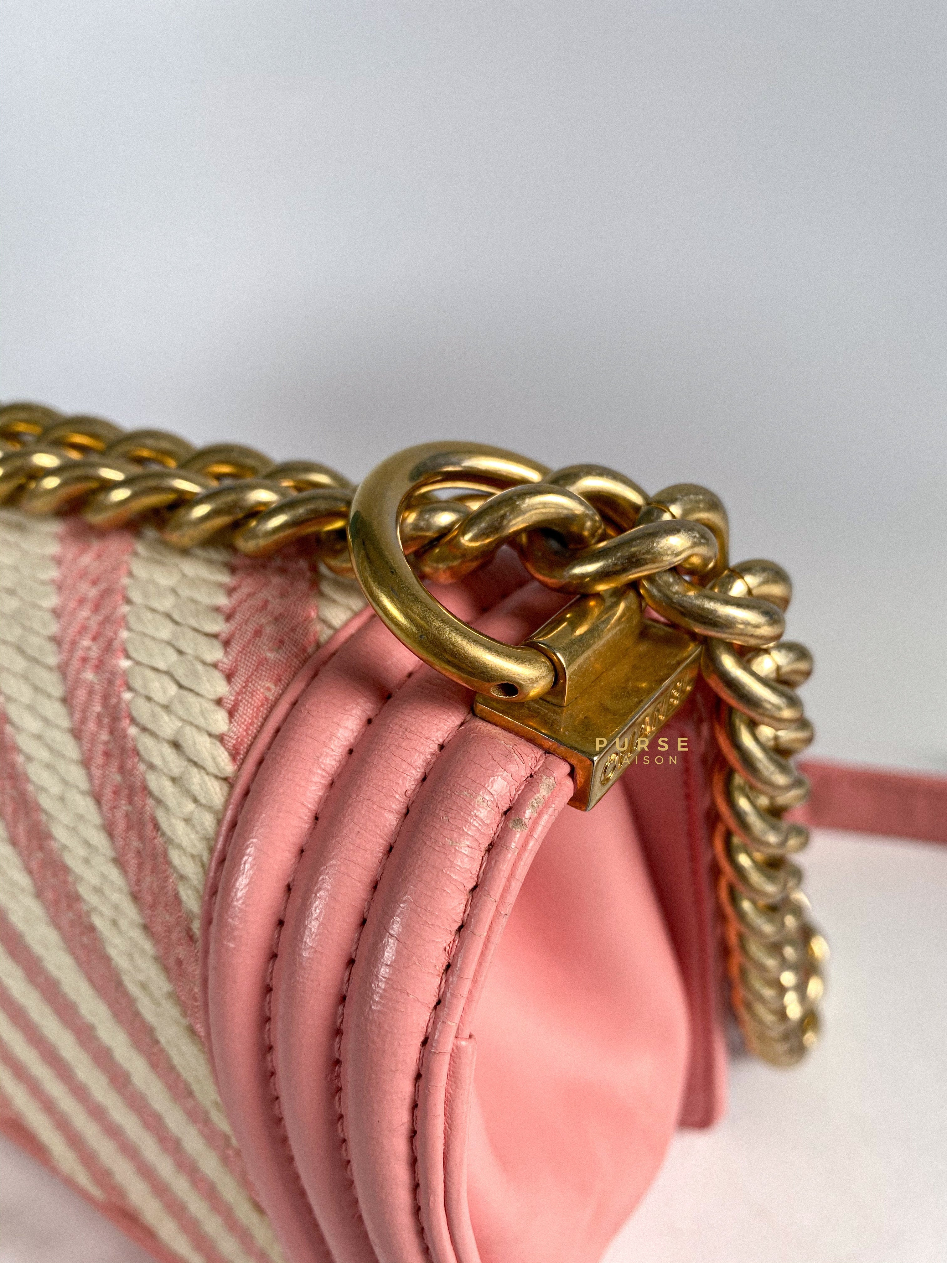 Chanel Boy Medium Pink Braided Chevron in Aged Gold Hardware Series 23