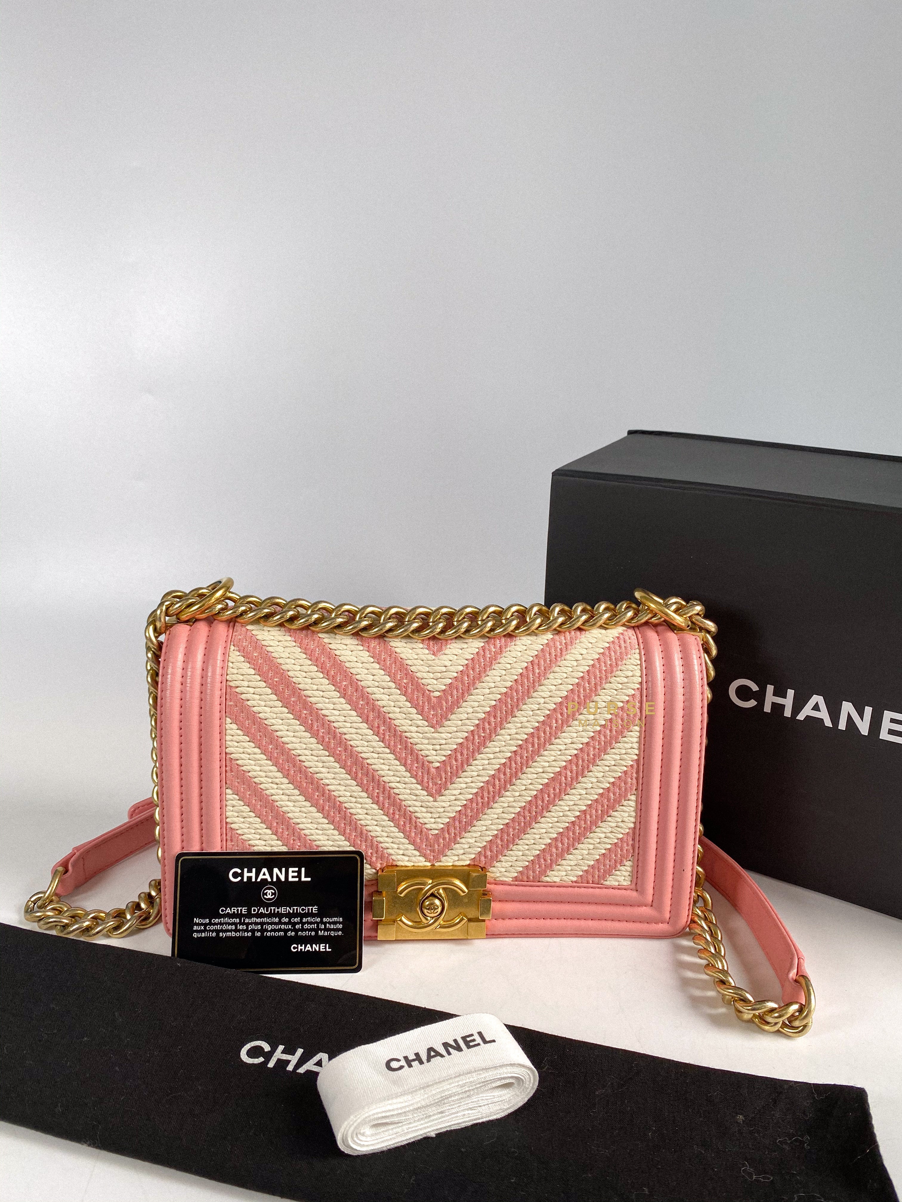 Chanel Boy Medium Pink Braided Chevron in Aged Gold Hardware Series 23