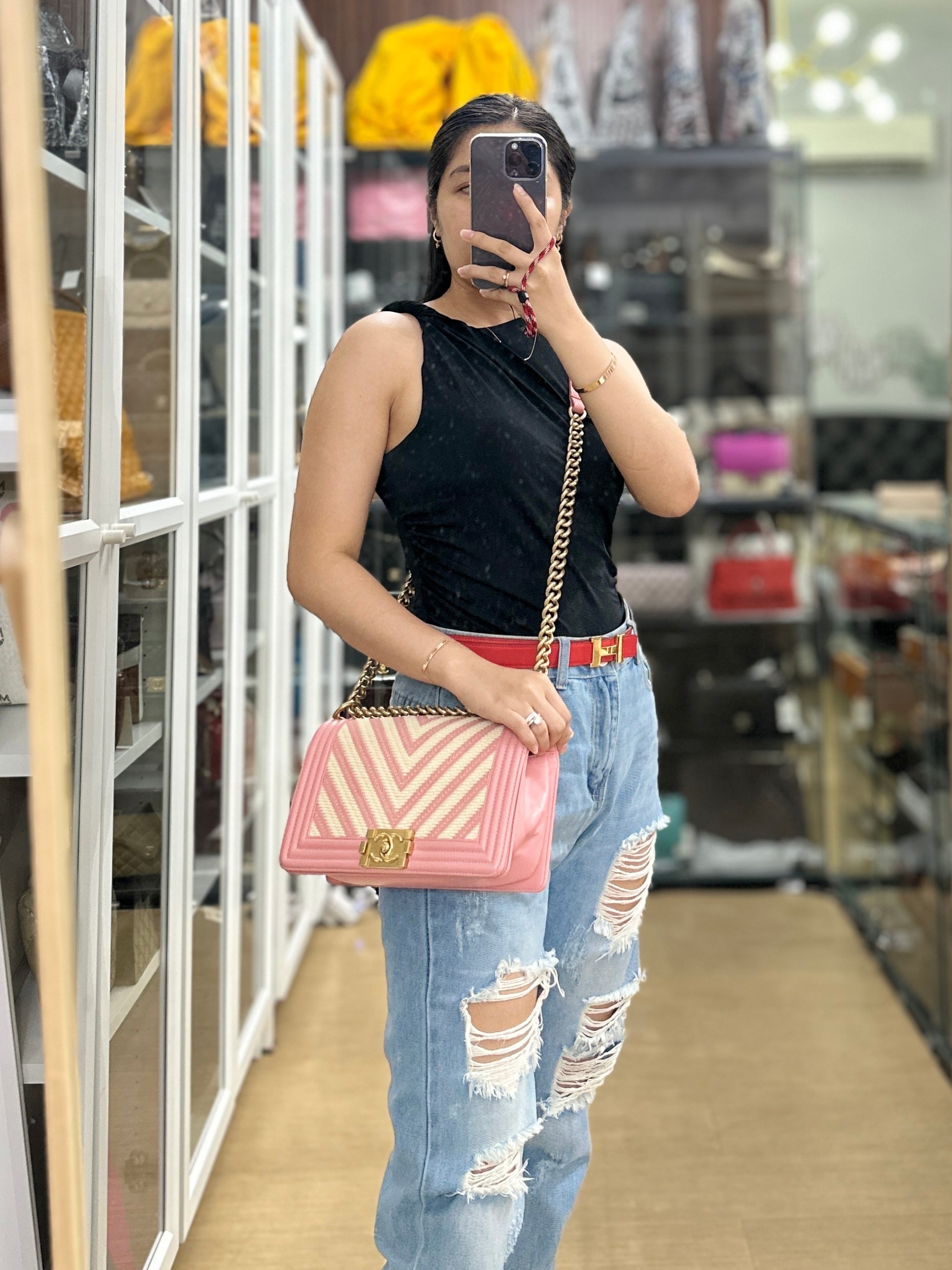 Chanel Boy Medium Pink Braided Chevron in Aged Gold Hardware Series 23