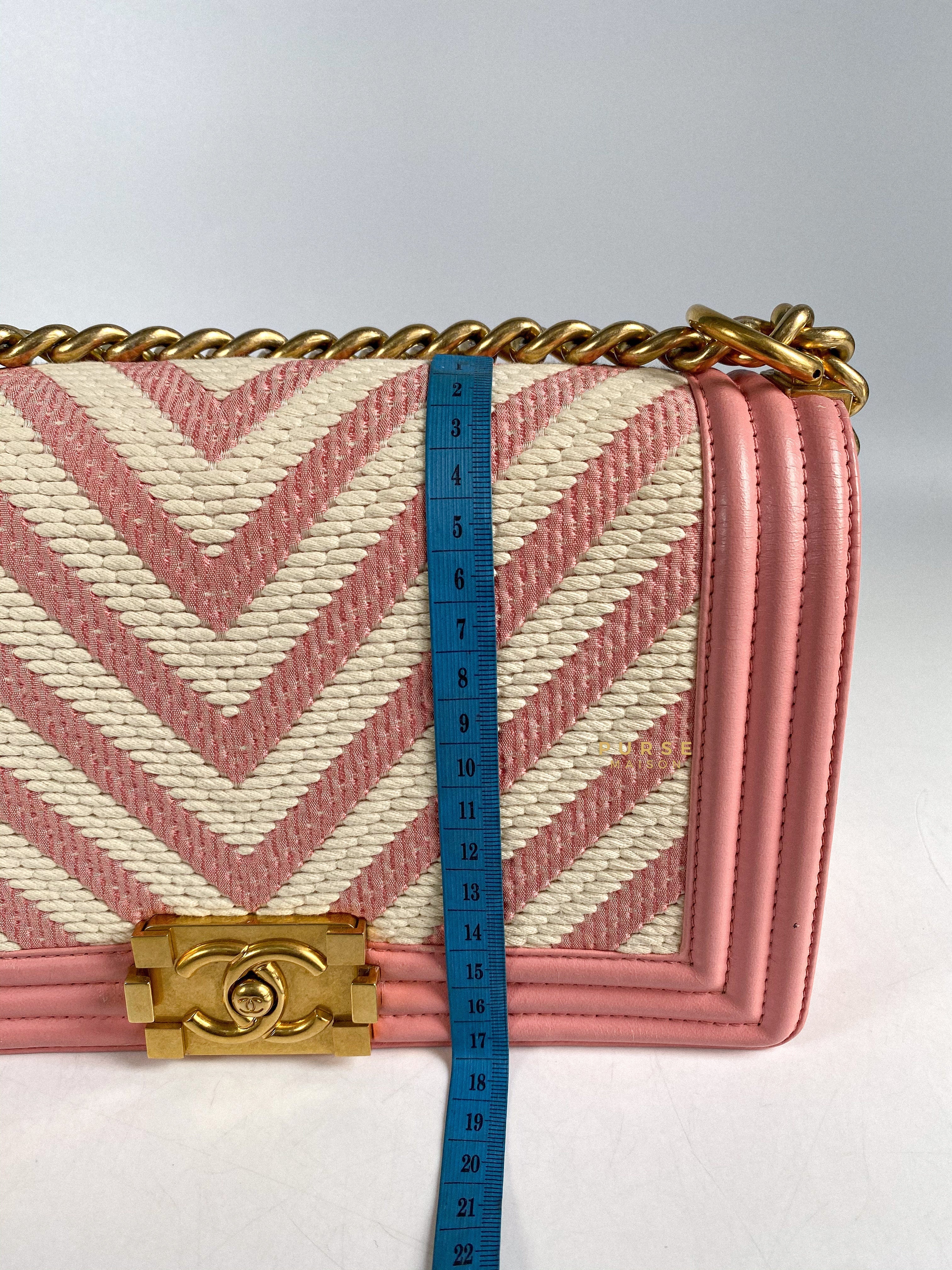 Chanel Boy Medium Pink Braided Chevron in Aged Gold Hardware Series 23