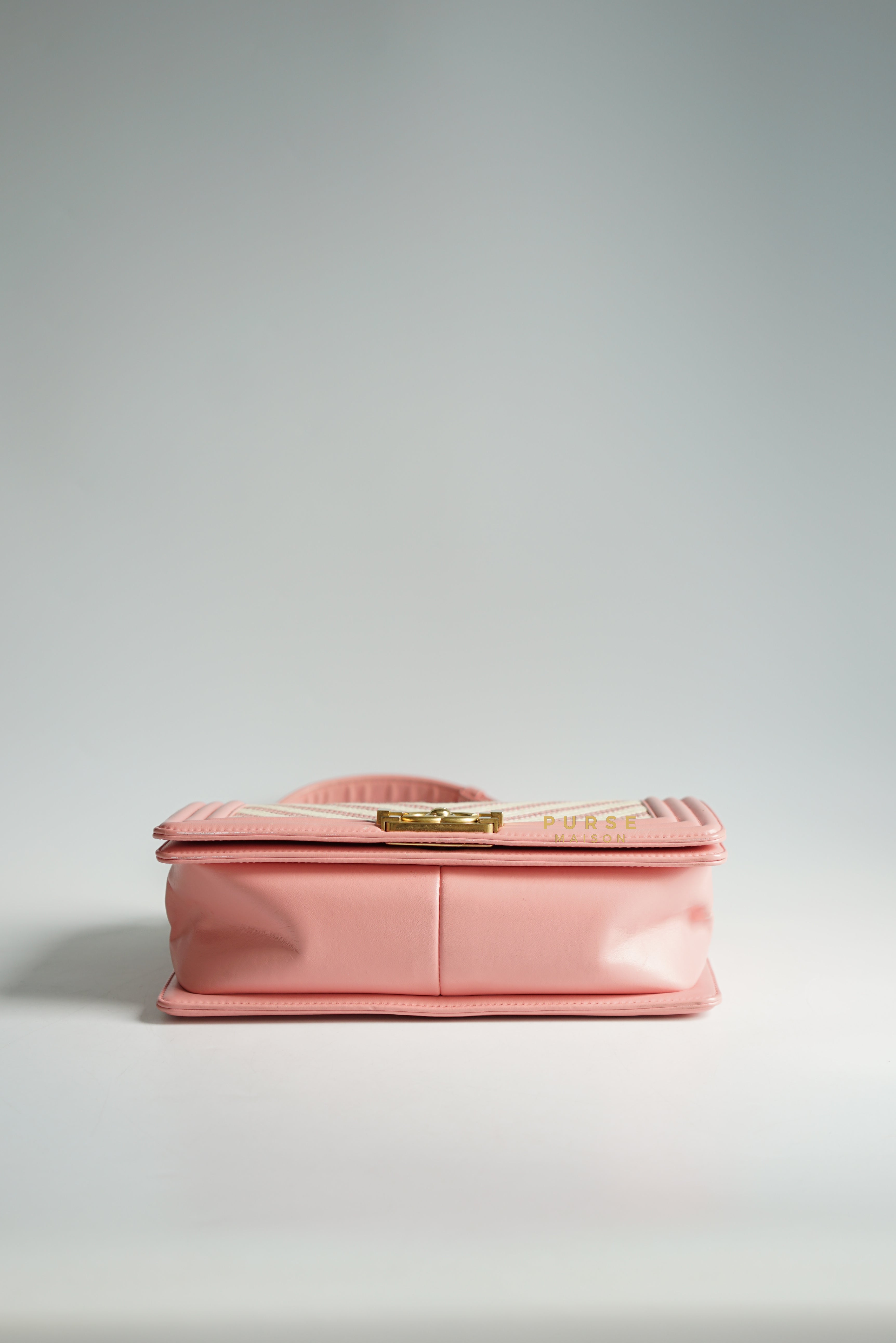Chanel Boy Medium Pink Braided Chevron in Aged Gold Hardware Series 23