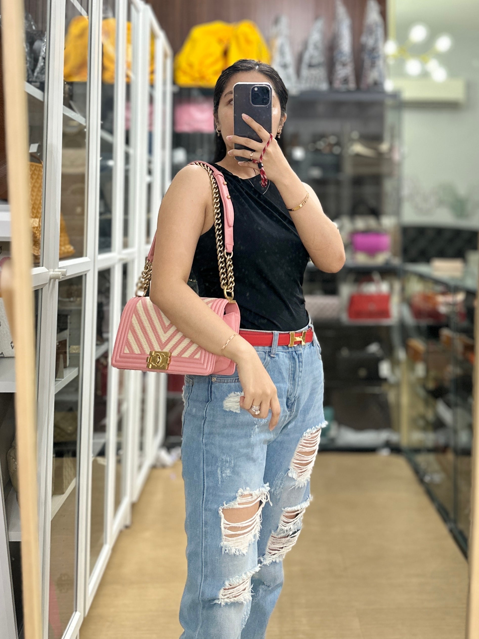 Chanel Boy Medium Pink Braided Chevron in Aged Gold Hardware Series 23
