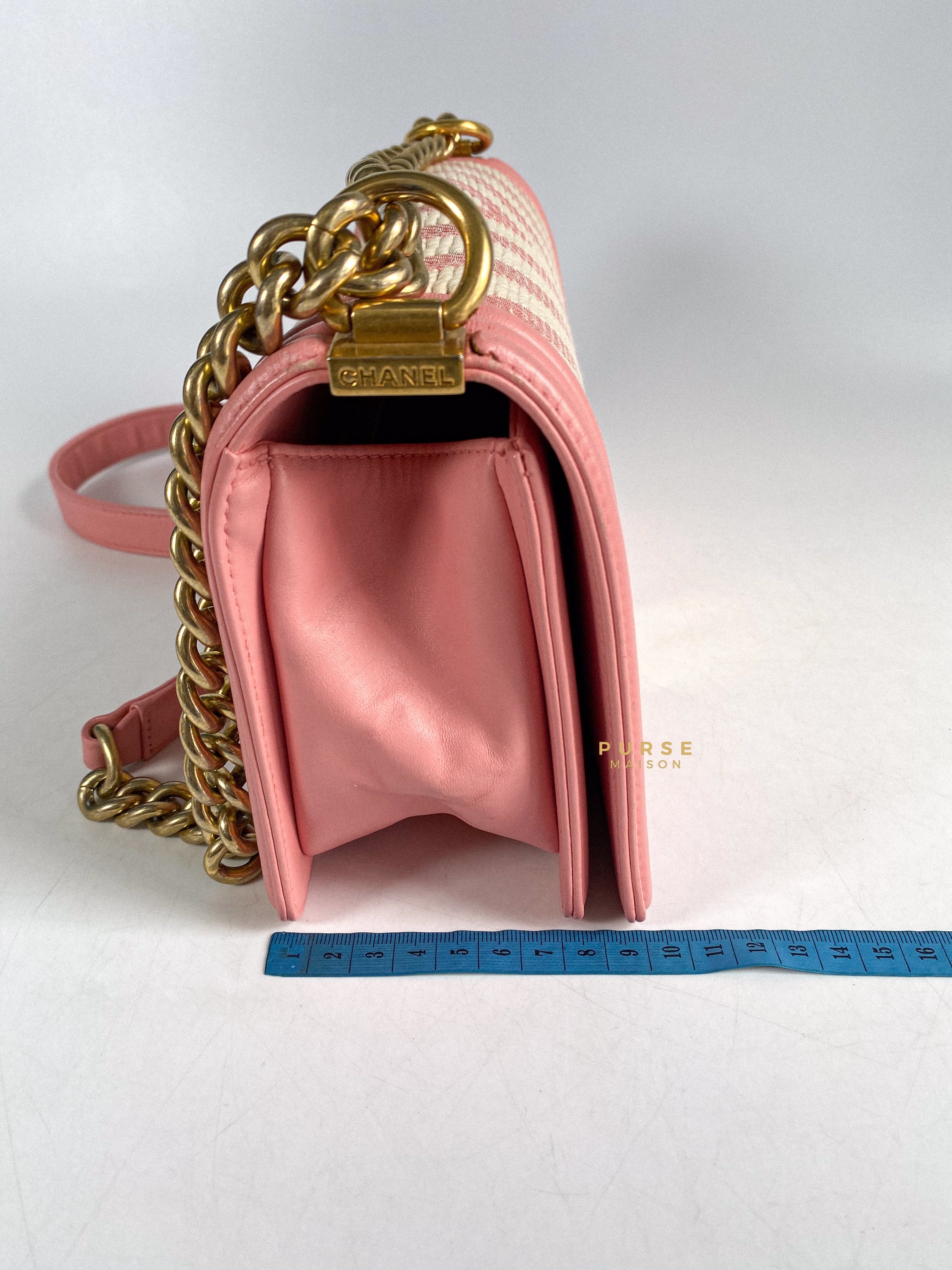 Chanel Boy Medium Pink Braided Chevron in Aged Gold Hardware Series 23