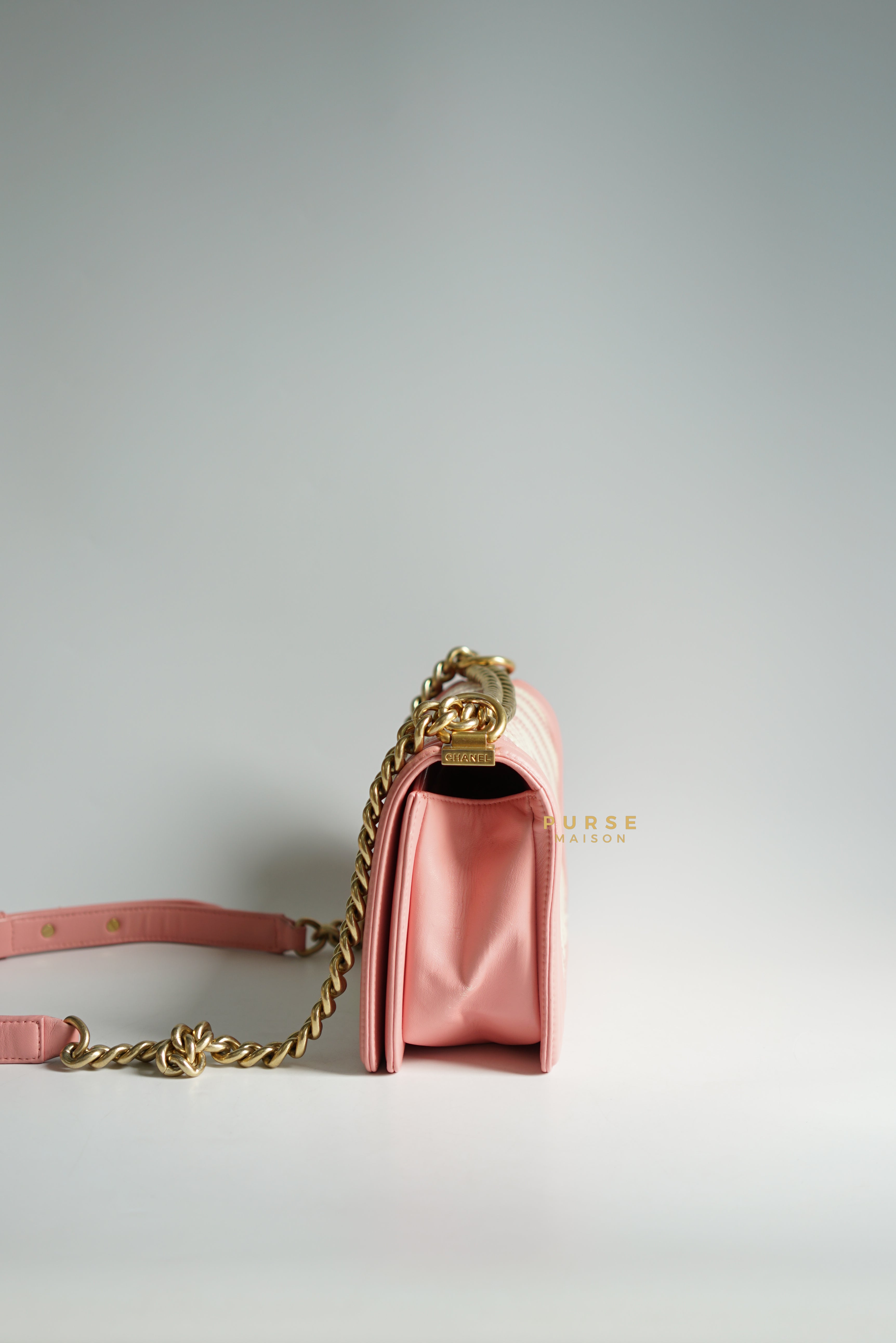 Chanel Boy Medium Pink Braided Chevron in Aged Gold Hardware Series 23