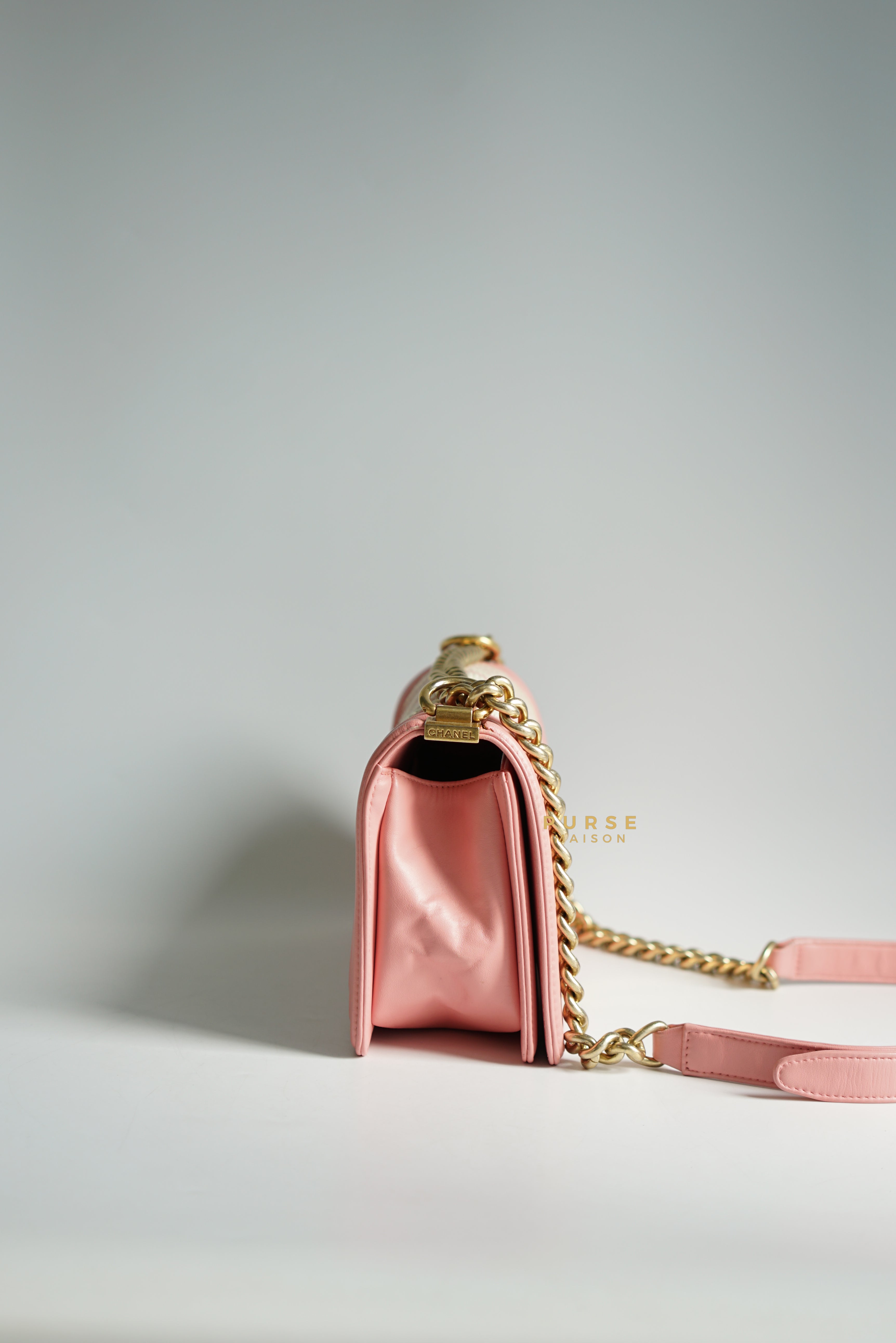 Chanel Boy Medium Pink Braided Chevron in Aged Gold Hardware Series 23