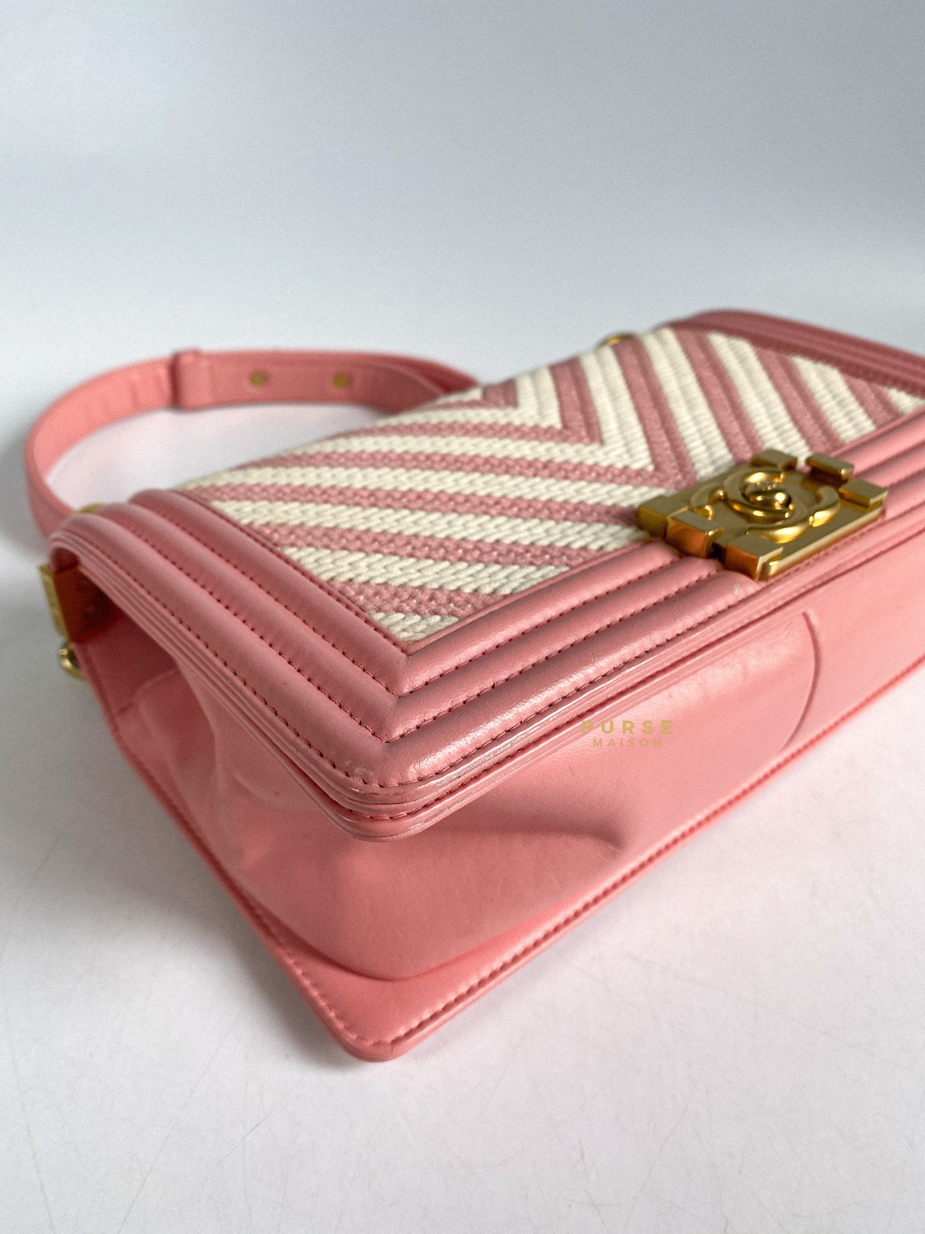 Chanel Boy Medium Pink Braided Chevron in Aged Gold Hardware Series 23