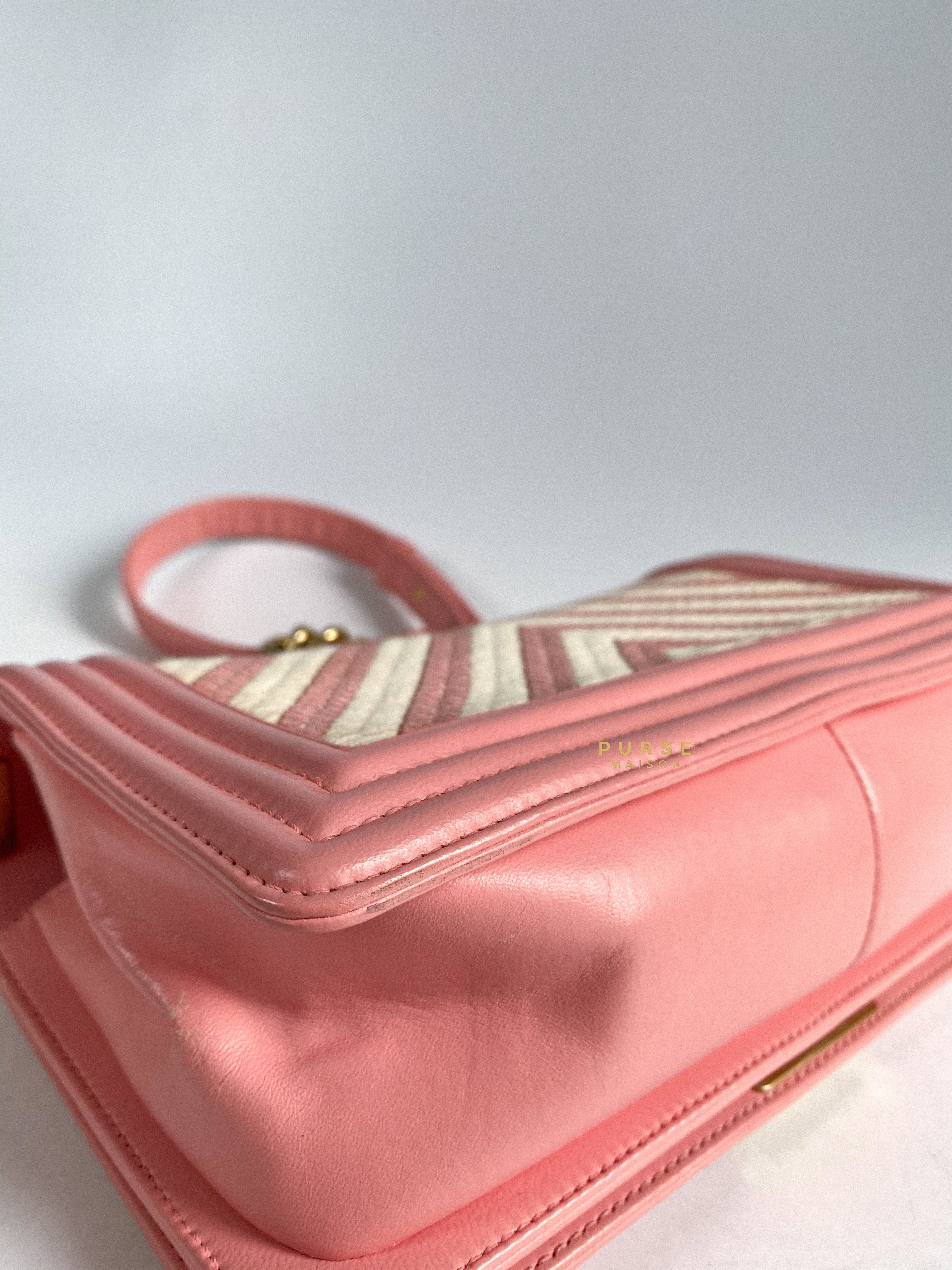 Chanel Boy Medium Pink Braided Chevron in Aged Gold Hardware Series 23