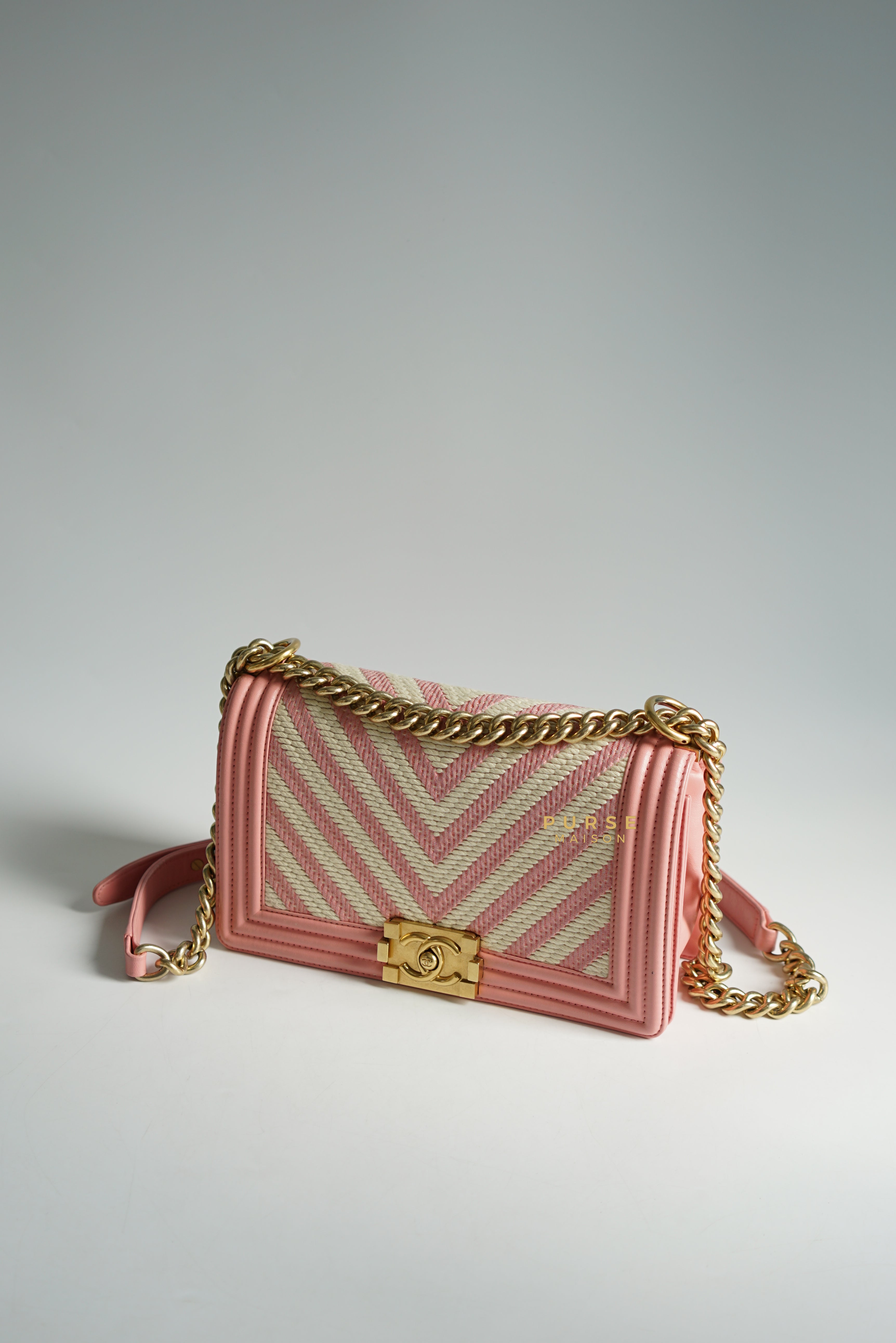 Chanel Boy Medium Pink Braided Chevron in Aged Gold Hardware Series 23
