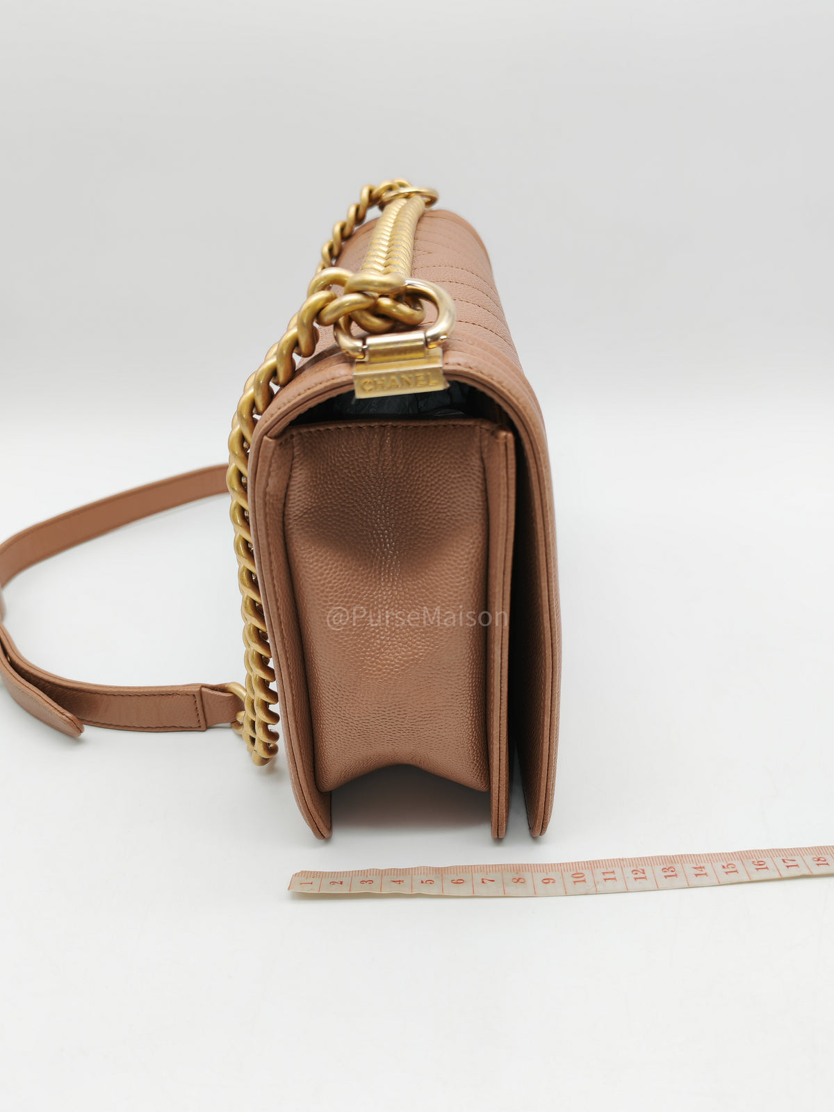 Chanel Boy New Medium in Brown Caramel Chevron Quilted Caviar Leather and Aged Brushed Gold Hardware Series 25 | Purse Maison Luxury Bags Shop