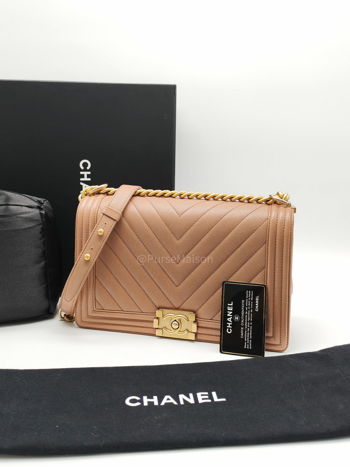Chanel Boy New Medium in Brown Caramel Chevron Quilted Caviar Leather and Aged Brushed Gold Hardware Series 25 | Purse Maison Luxury Bags Shop
