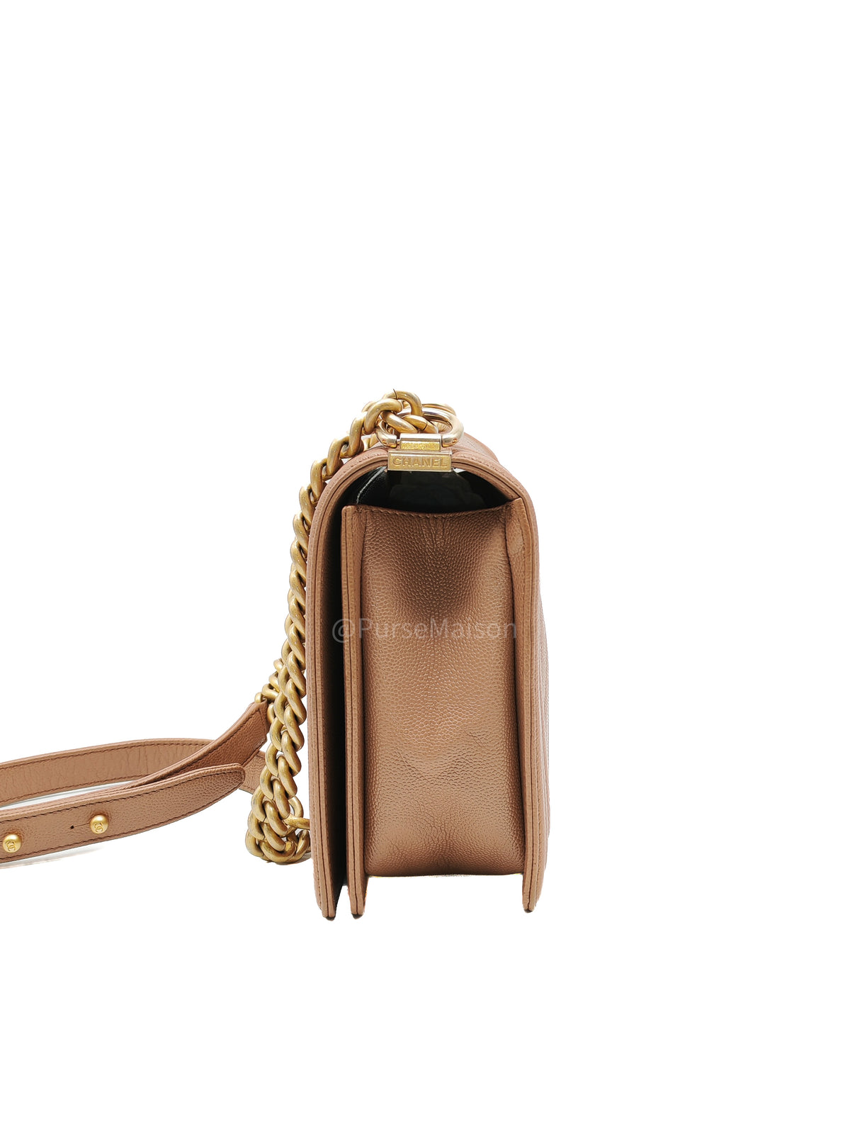 Chanel Boy New Medium in Brown Caramel Chevron Quilted Caviar Leather and Aged Brushed Gold Hardware Series 25 | Purse Maison Luxury Bags Shop