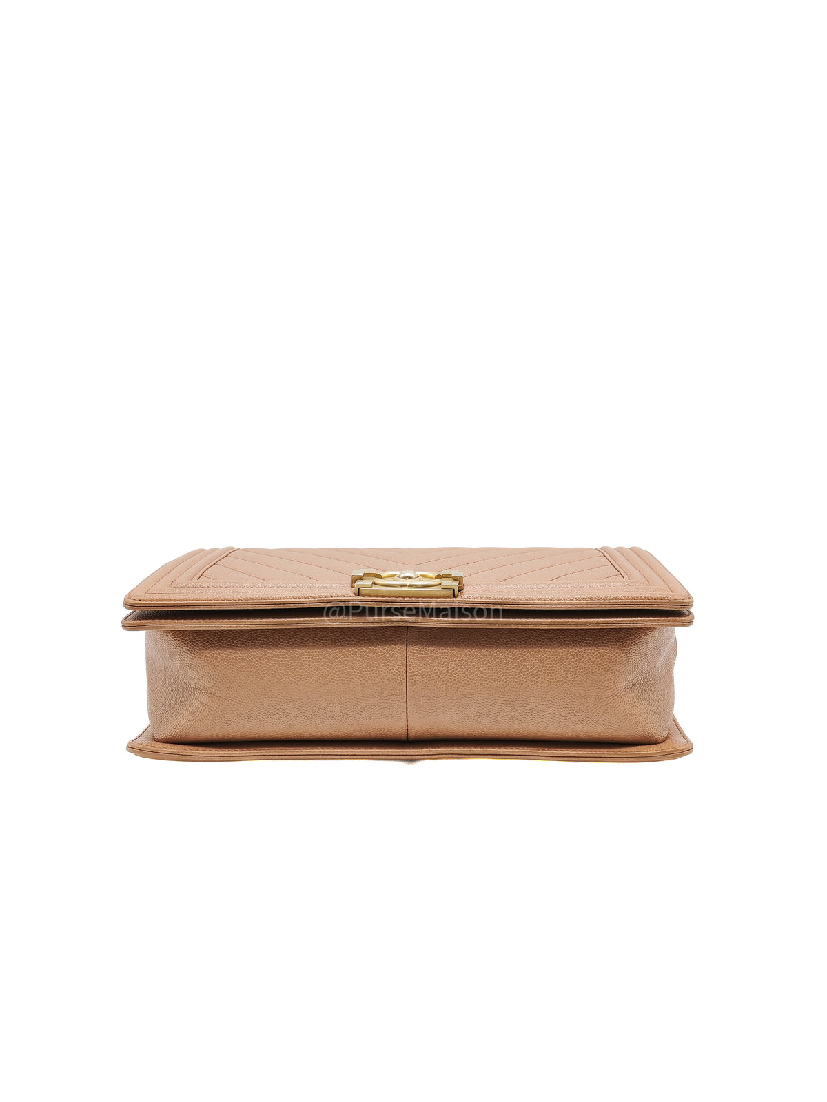 Chanel Boy New Medium in Brown Caramel Chevron Quilted Caviar Leather and Aged Brushed Gold Hardware Series 25 | Purse Maison Luxury Bags Shop