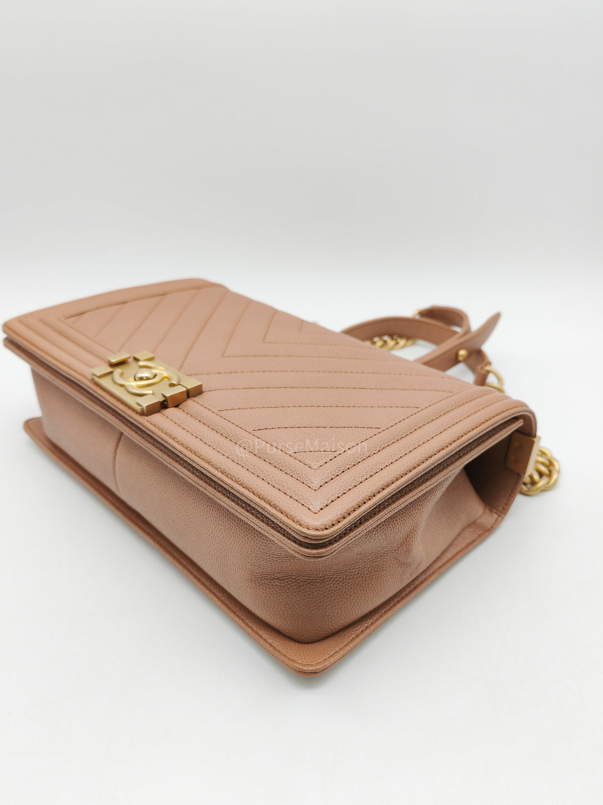 Chanel Boy New Medium in Brown Caramel Chevron Quilted Caviar Leather and Aged Brushed Gold Hardware Series 25 | Purse Maison Luxury Bags Shop