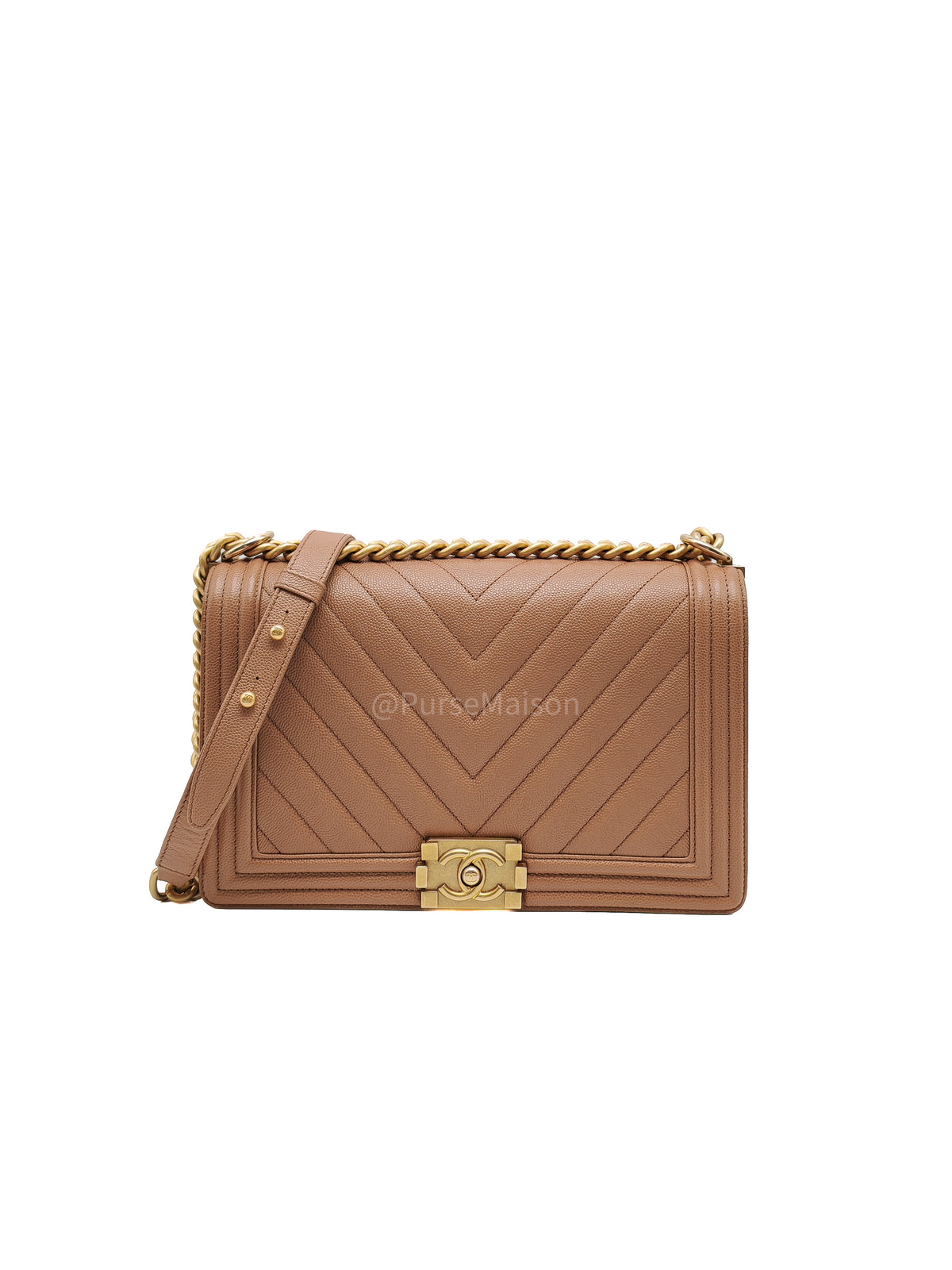 Chanel Boy New Medium in Brown Caramel Chevron Quilted Caviar Leather and Aged Brushed Gold Hardware Series 25 | Purse Maison Luxury Bags Shop