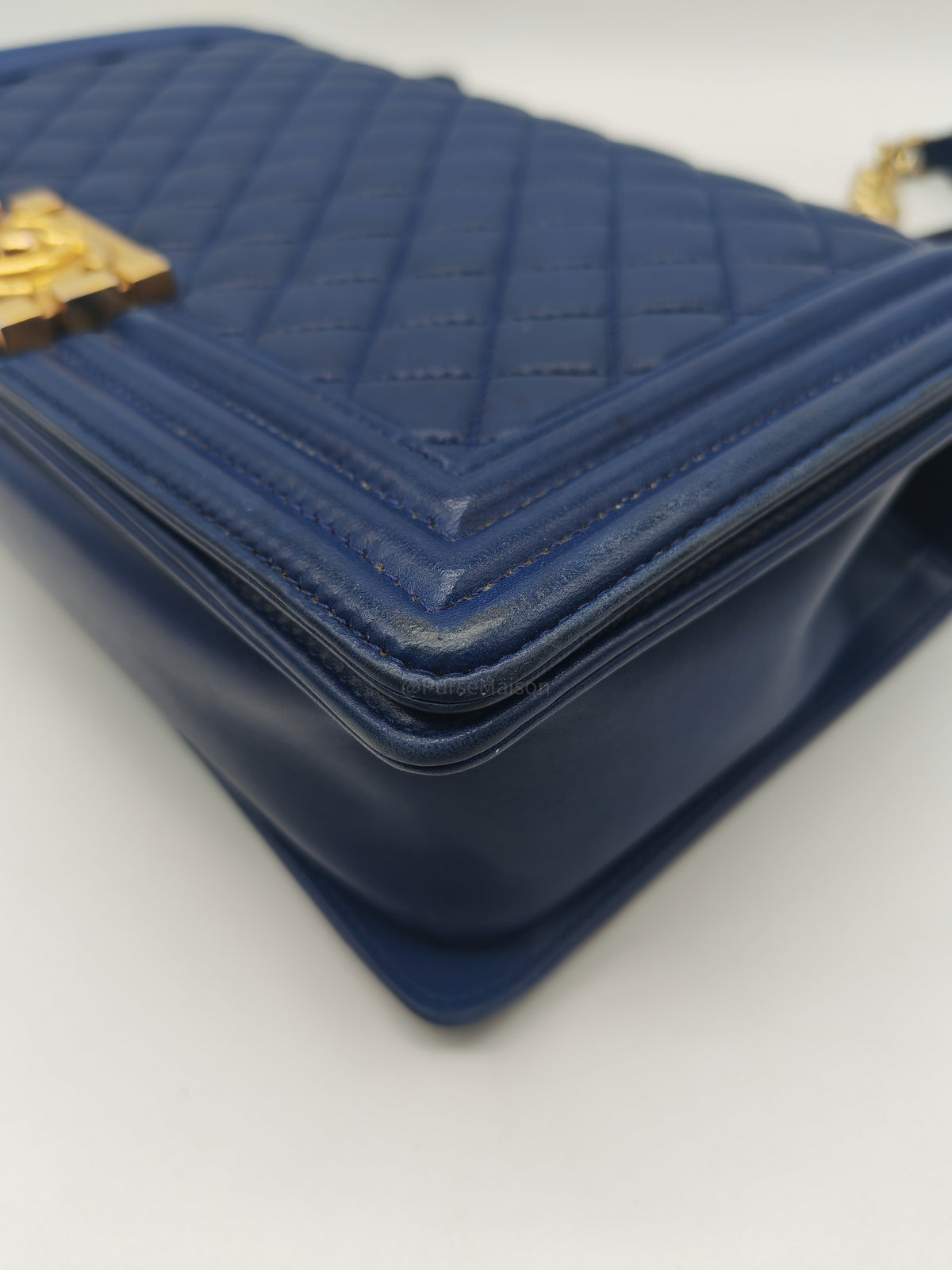 Chanel Boy New Medium in Navy Blue Quilted Lambskin Leather and Gold Hardware Series 23 | Purse Maison Luxury Bags Shop