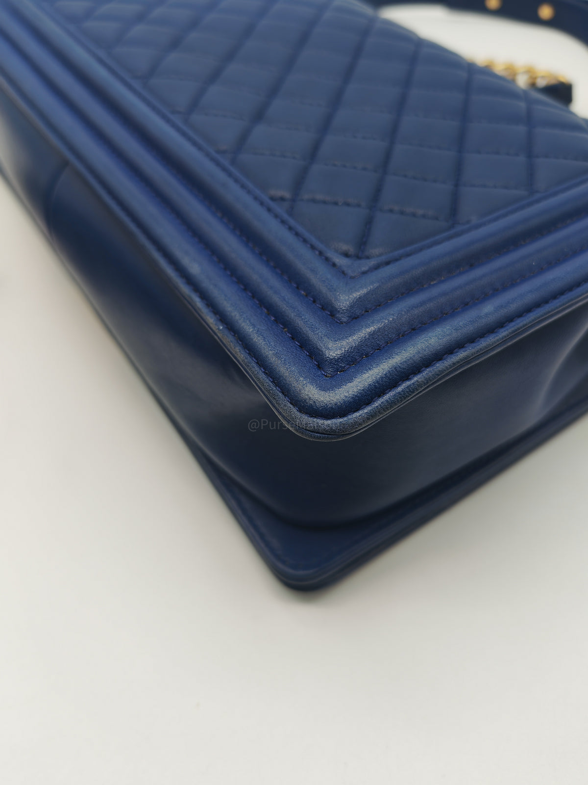 Chanel Boy New Medium in Navy Blue Quilted Lambskin Leather and Gold Hardware Series 23 | Purse Maison Luxury Bags Shop