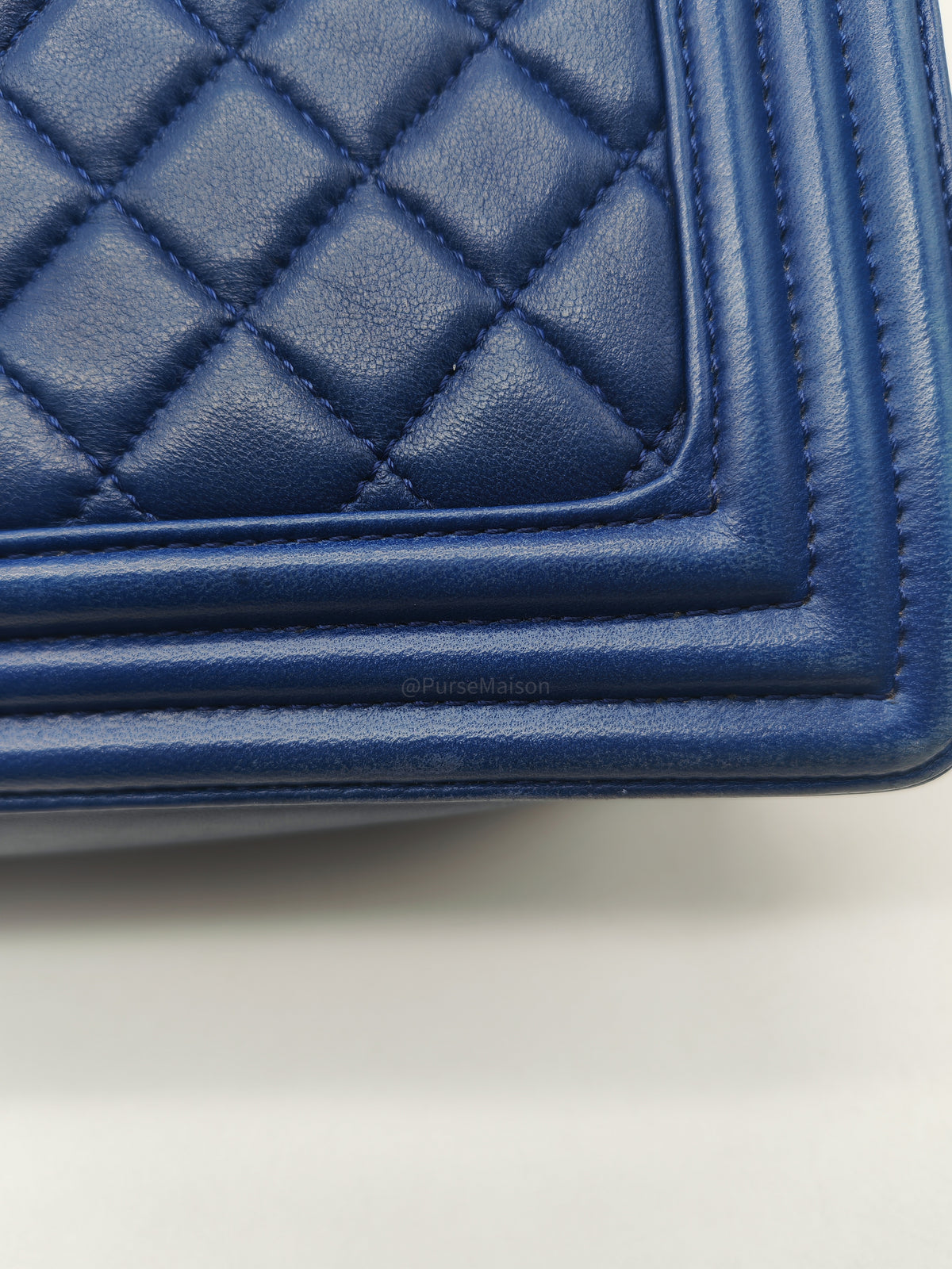 Chanel Boy New Medium in Navy Blue Quilted Lambskin Leather and Gold Hardware Series 23 | Purse Maison Luxury Bags Shop