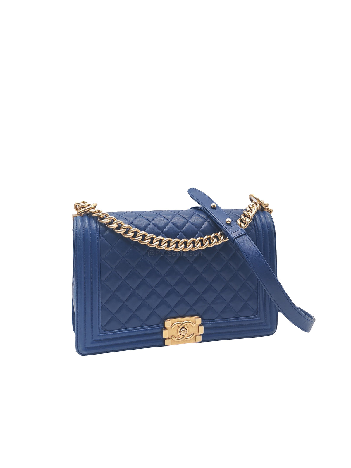 Chanel Boy New Medium in Navy Blue Quilted Lambskin Leather and Gold Hardware Series 23 | Purse Maison Luxury Bags Shop